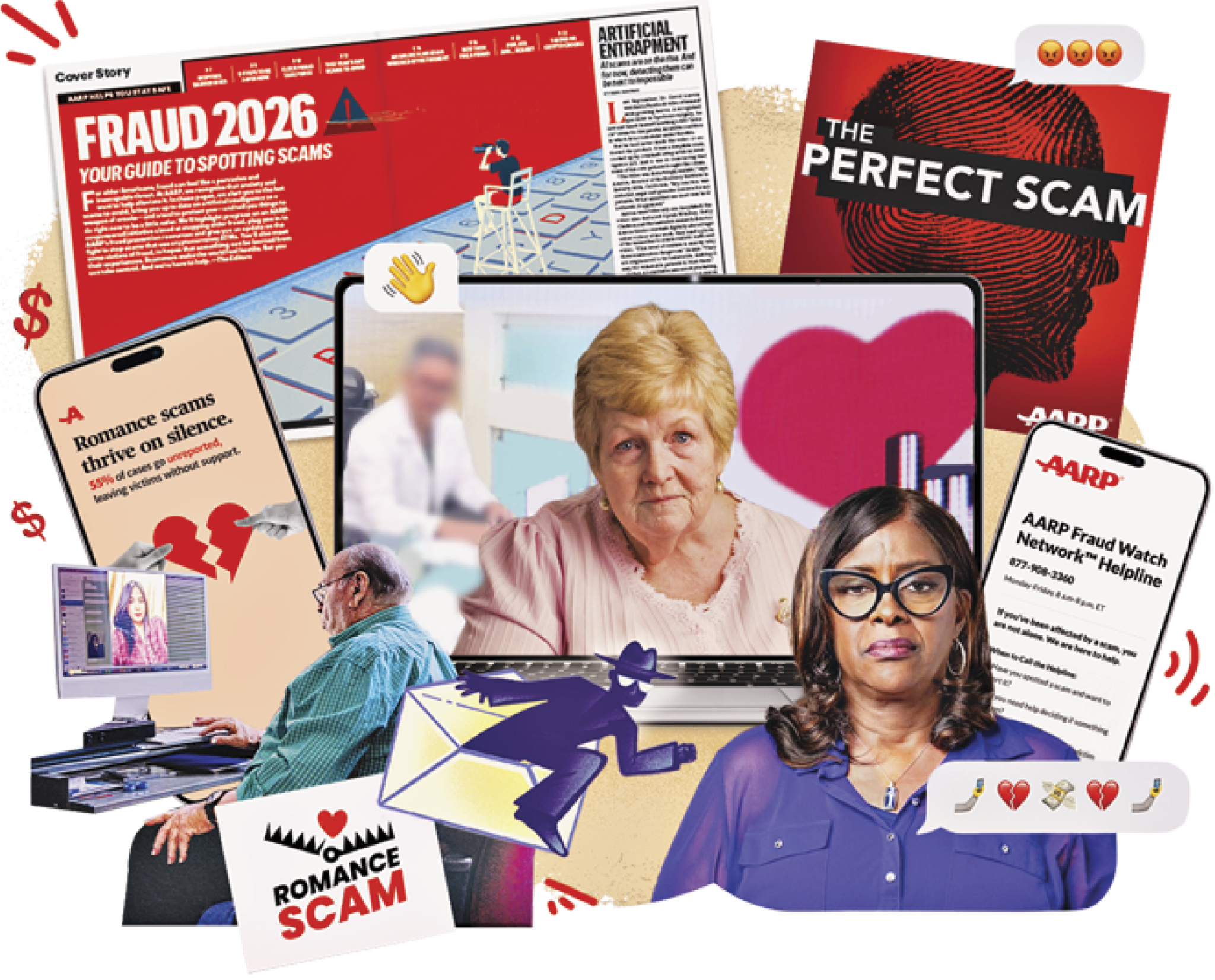 Collage showcasing different ways in which AARP is fighting to protect people from romance scams. Some of the ways include a spread from the Bulletin about Fraud in 2026, a phone screen showing social media posts on it and the art for the Perfect Scam podcast.