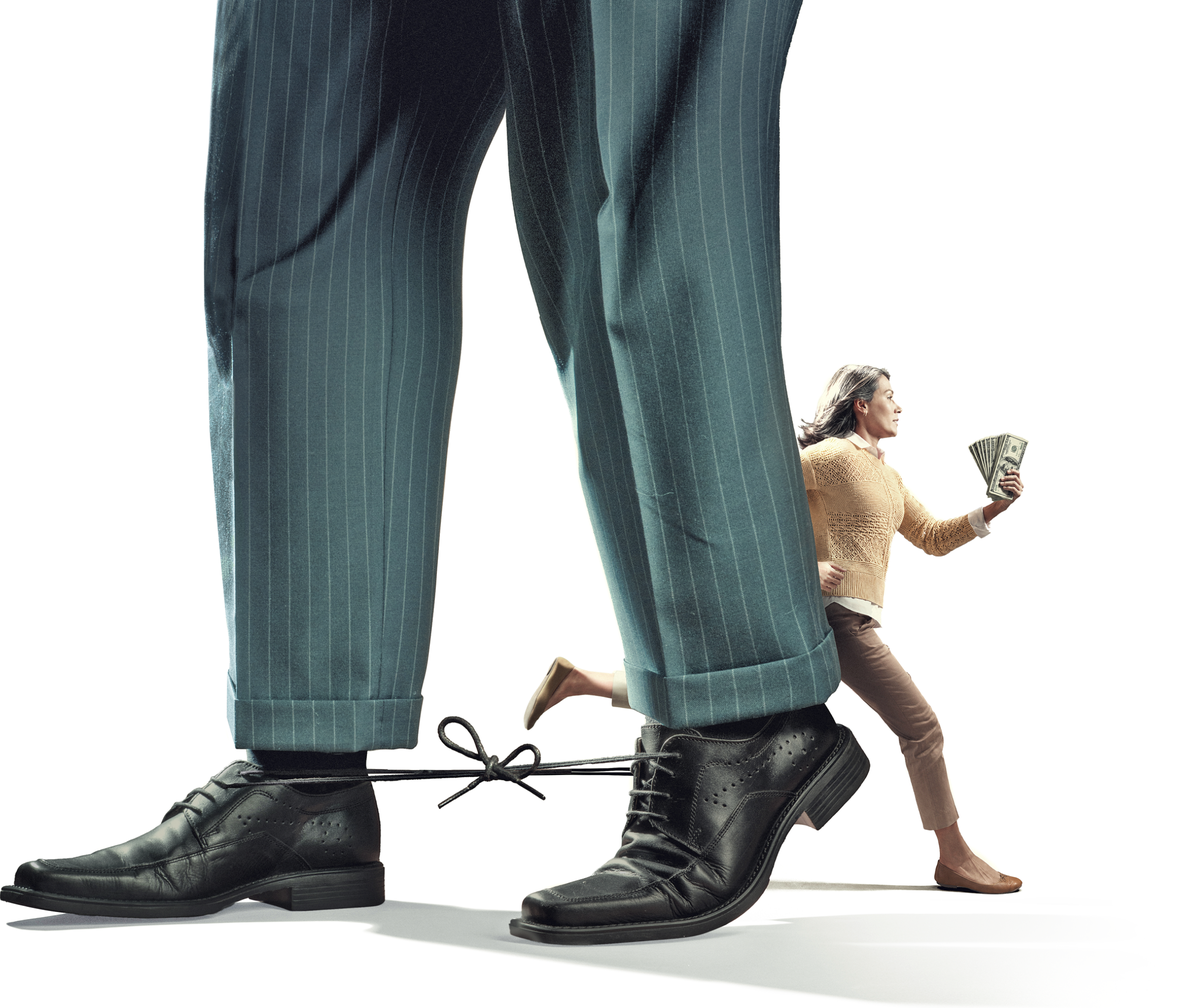 Photo collage of the feet of a man wearing formal pants and dress shoes. A woman is walking behind him with a stack of money in her hands 