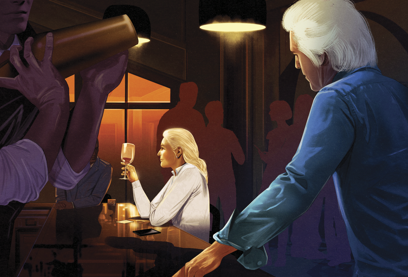 Illustration of a woman sitting at the bar drinking a glass of wine while a man stands by the side observing her