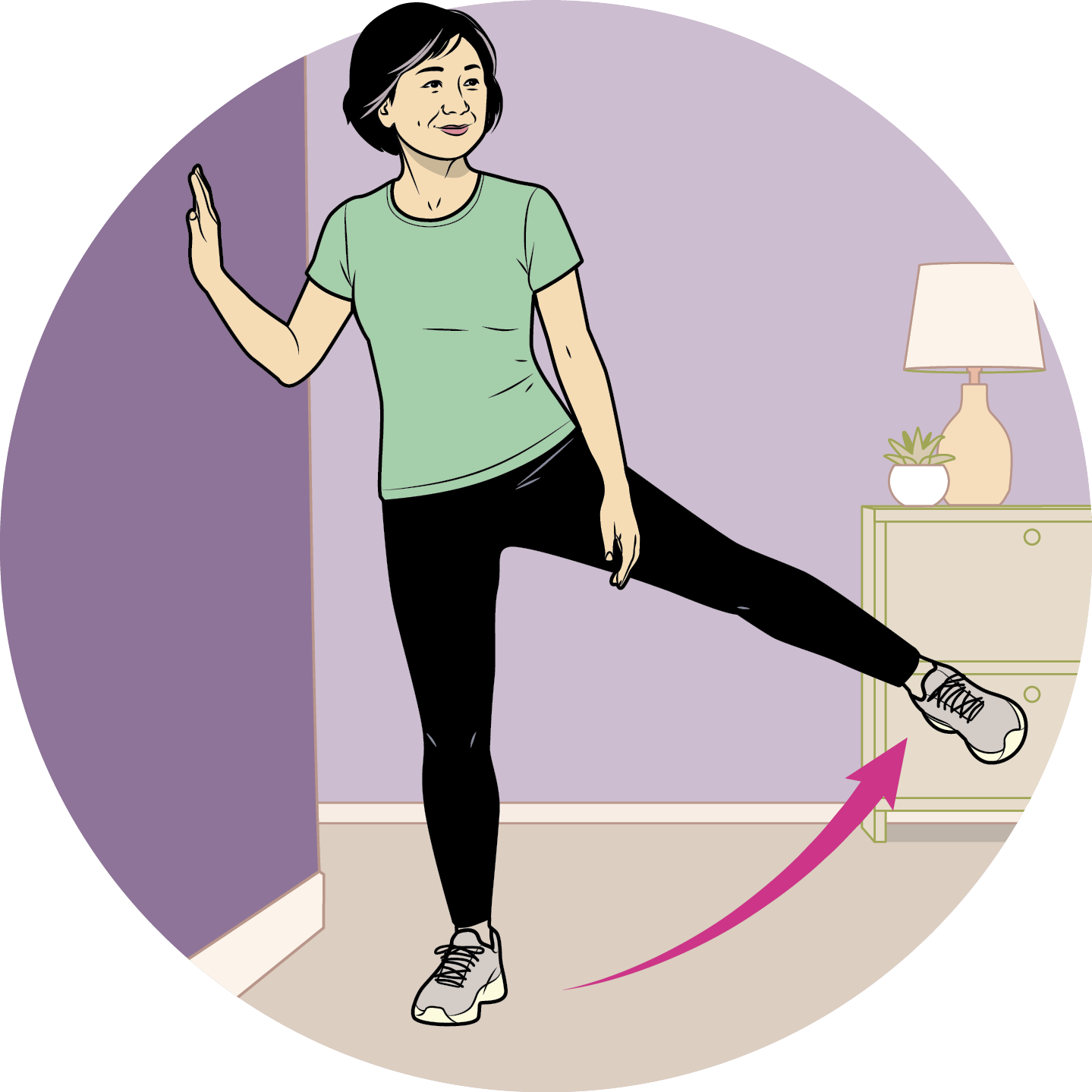 Illustration of a woman standing with one hand resting on the call and raising her leg 