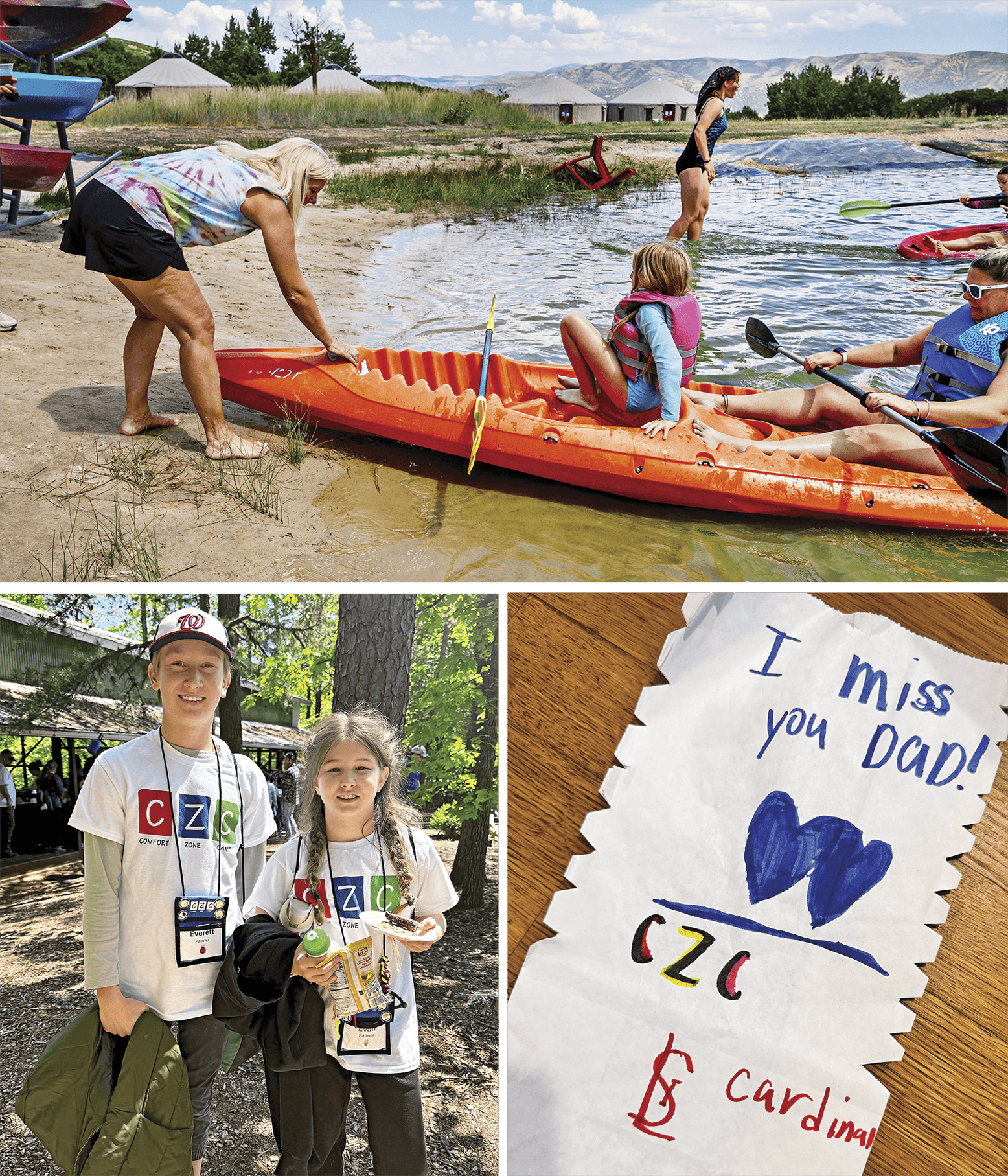 Lynne Hughes helping girls out on rafts at the beach; 2 young campers holding a bunch of food and snacks in their hands Artwork by one of the campers that says I miss you Dad!