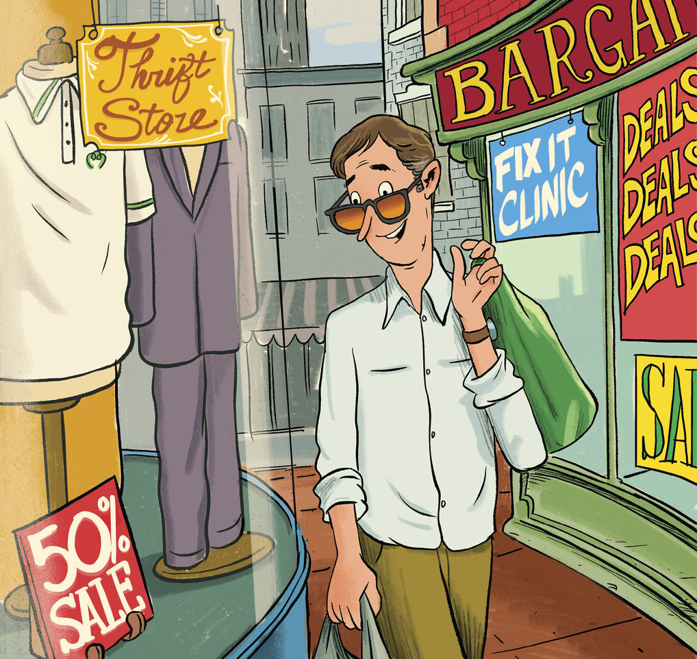 Illustration of a man walking down the streets with all the stores around having sales