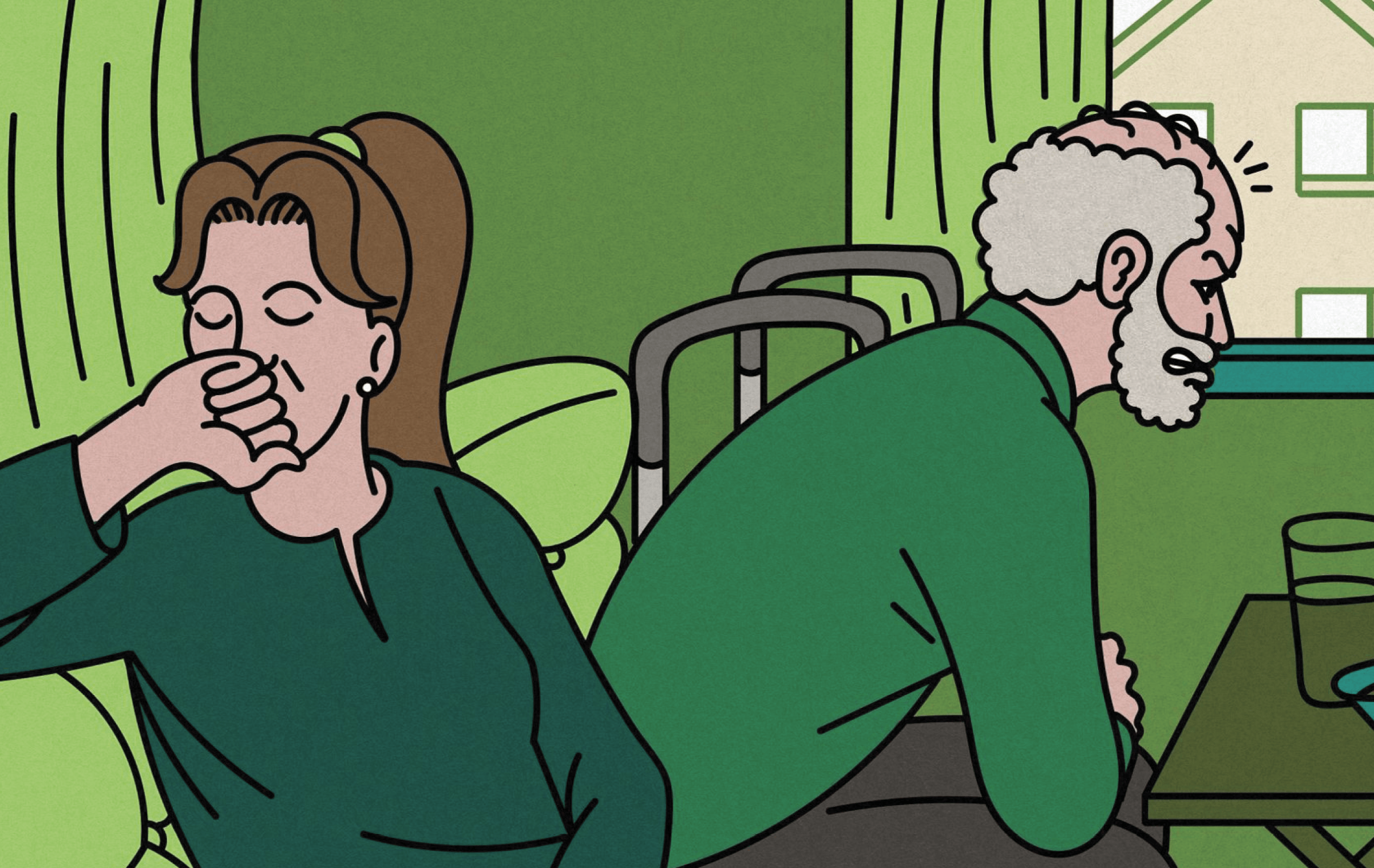 Illustration of a woman sitting next to an older man, looking away from him in anger