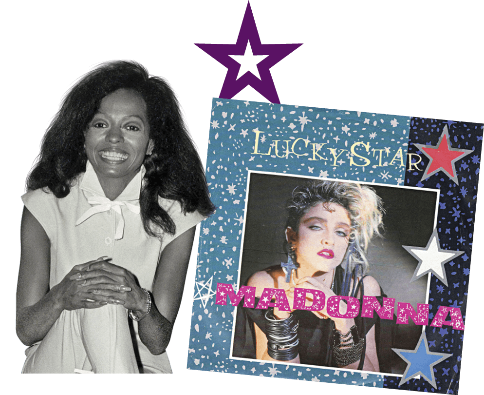 Image of Diana Ross; Album art of Madonna’s Lucky Star 