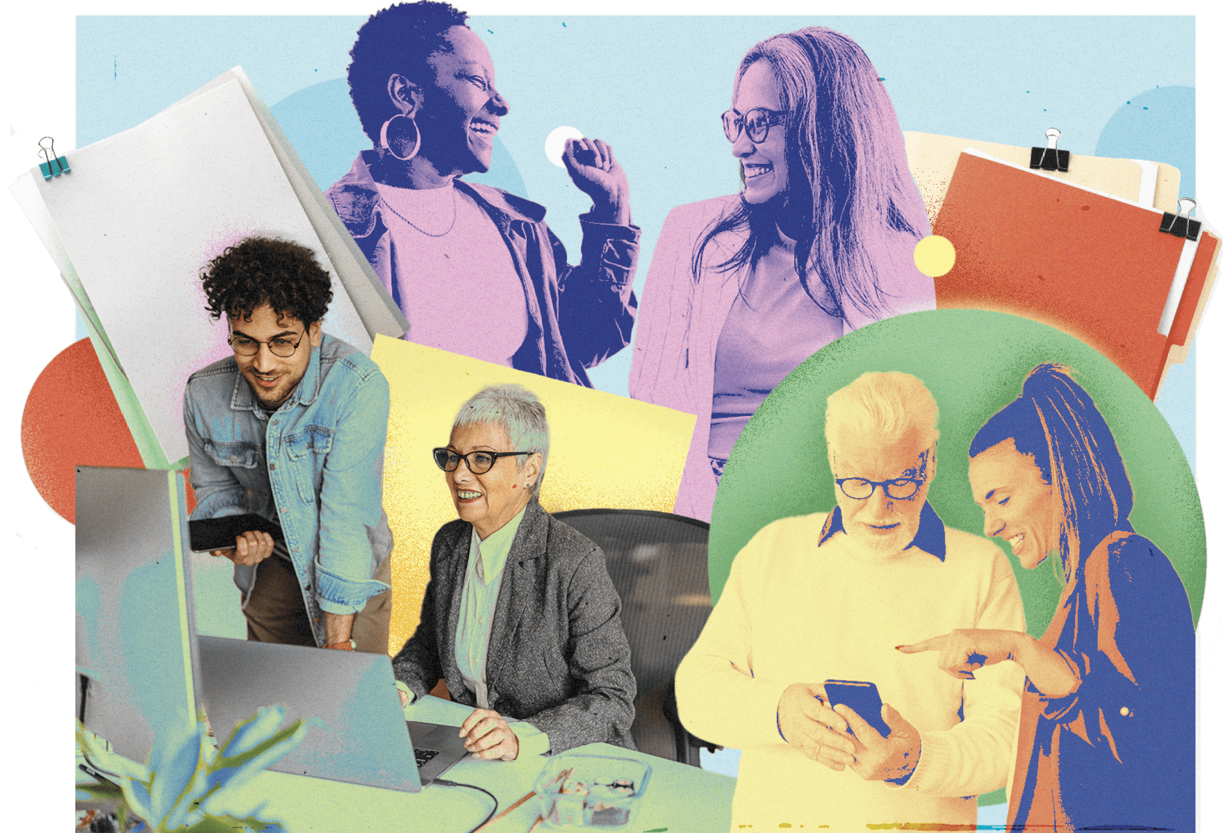 Collage of various older people working and chatting along with their younger coworkers 
