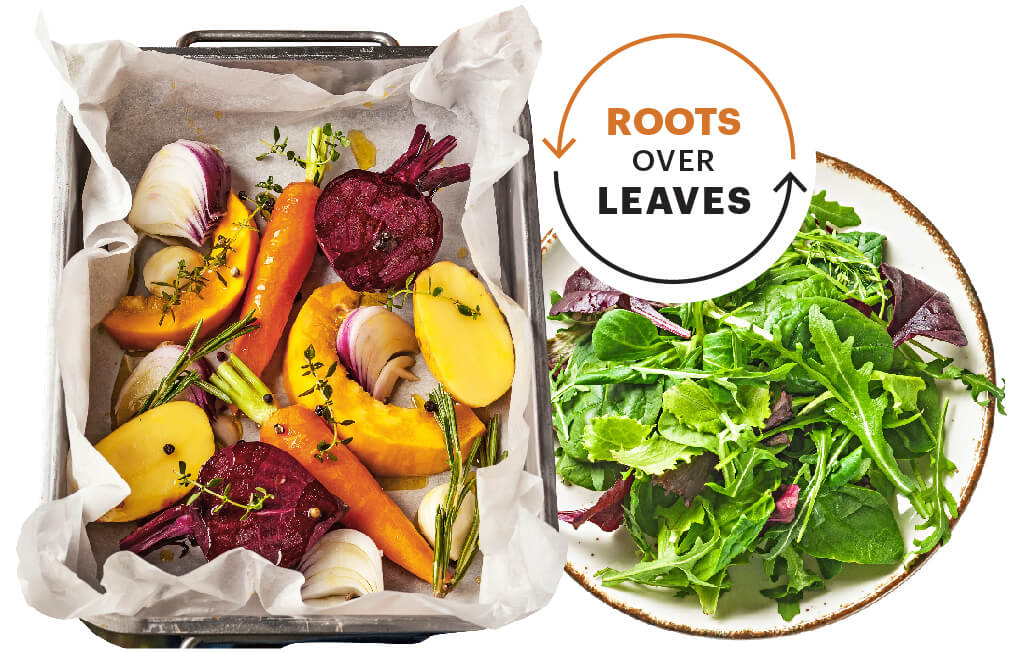 A steel tray with seasoned root vegetables next to a plate of greens. A text bubble next to it say Roots over Leaves
