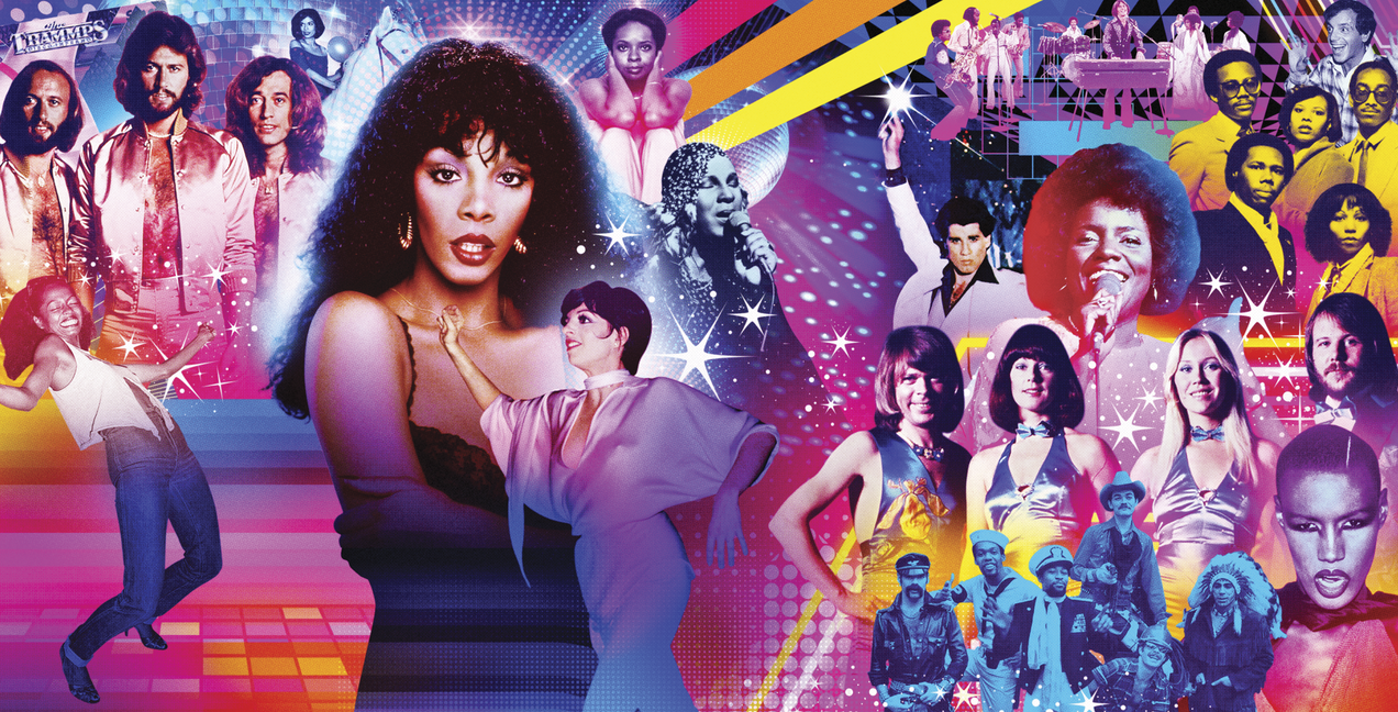 A vibrant, colorful photo collage of disco icons like Donna Summer, ABBA, and the Bee Gees