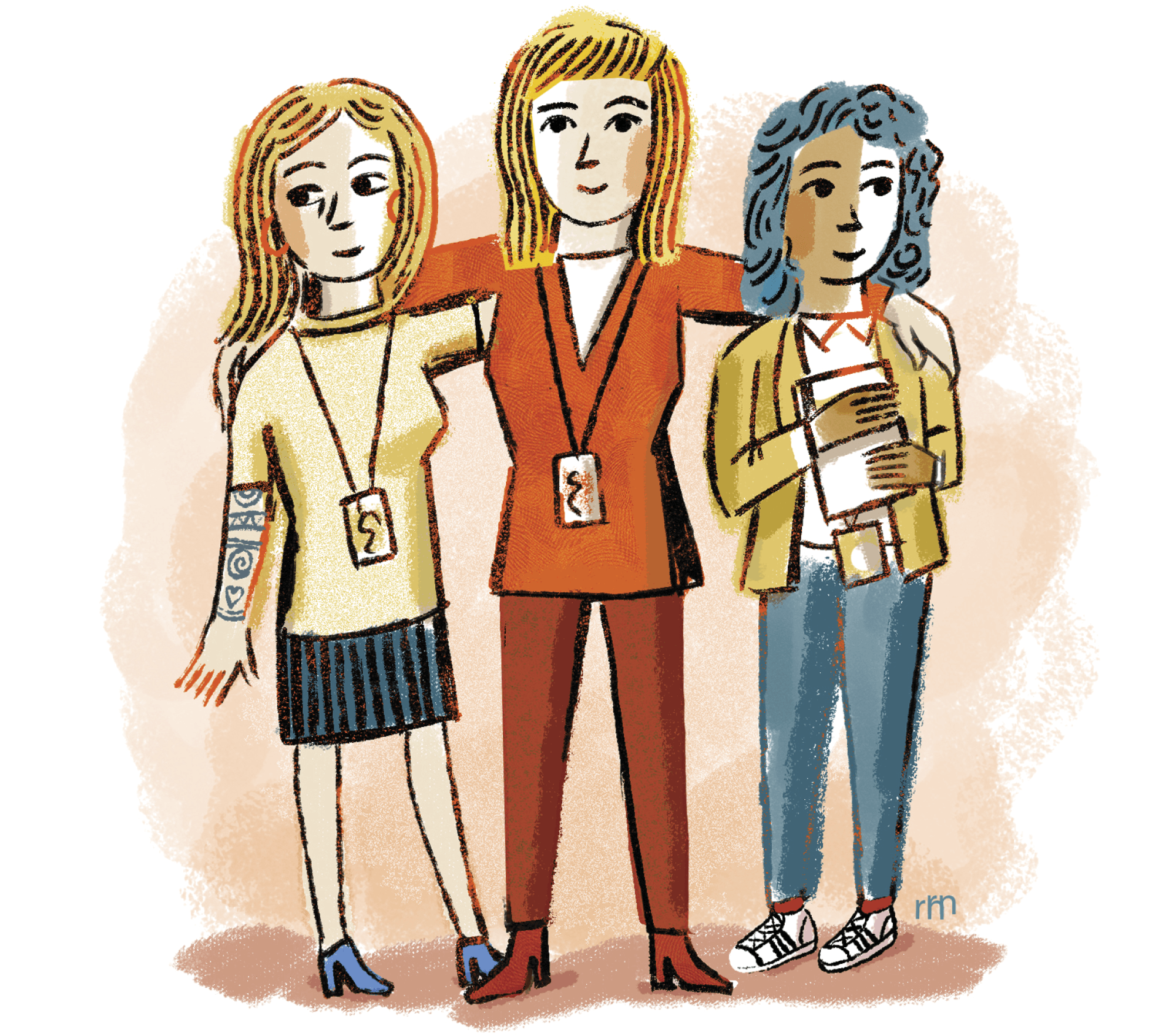 Illustration of three working woman standing next to each other and looking happy 