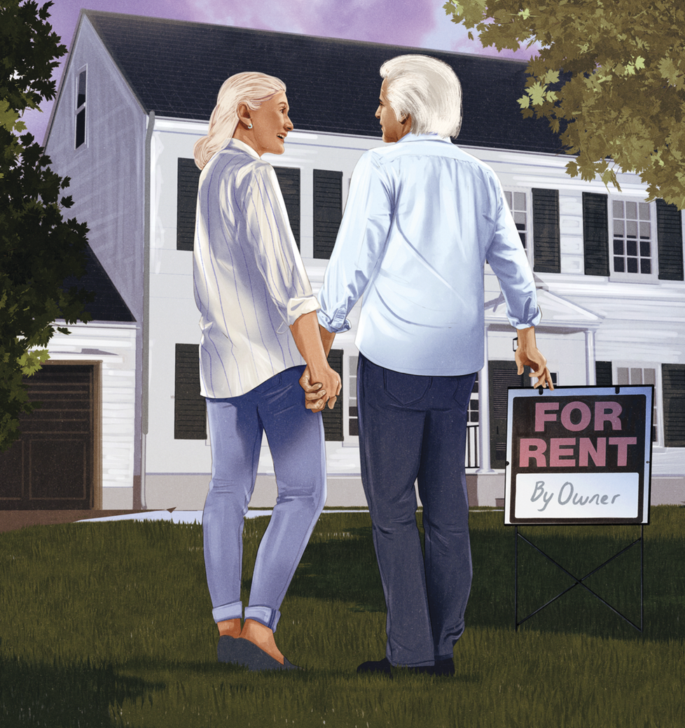 Illustration of them standing outside a house and holding hands. The house they’re standing in front of has a For rent sign outside 