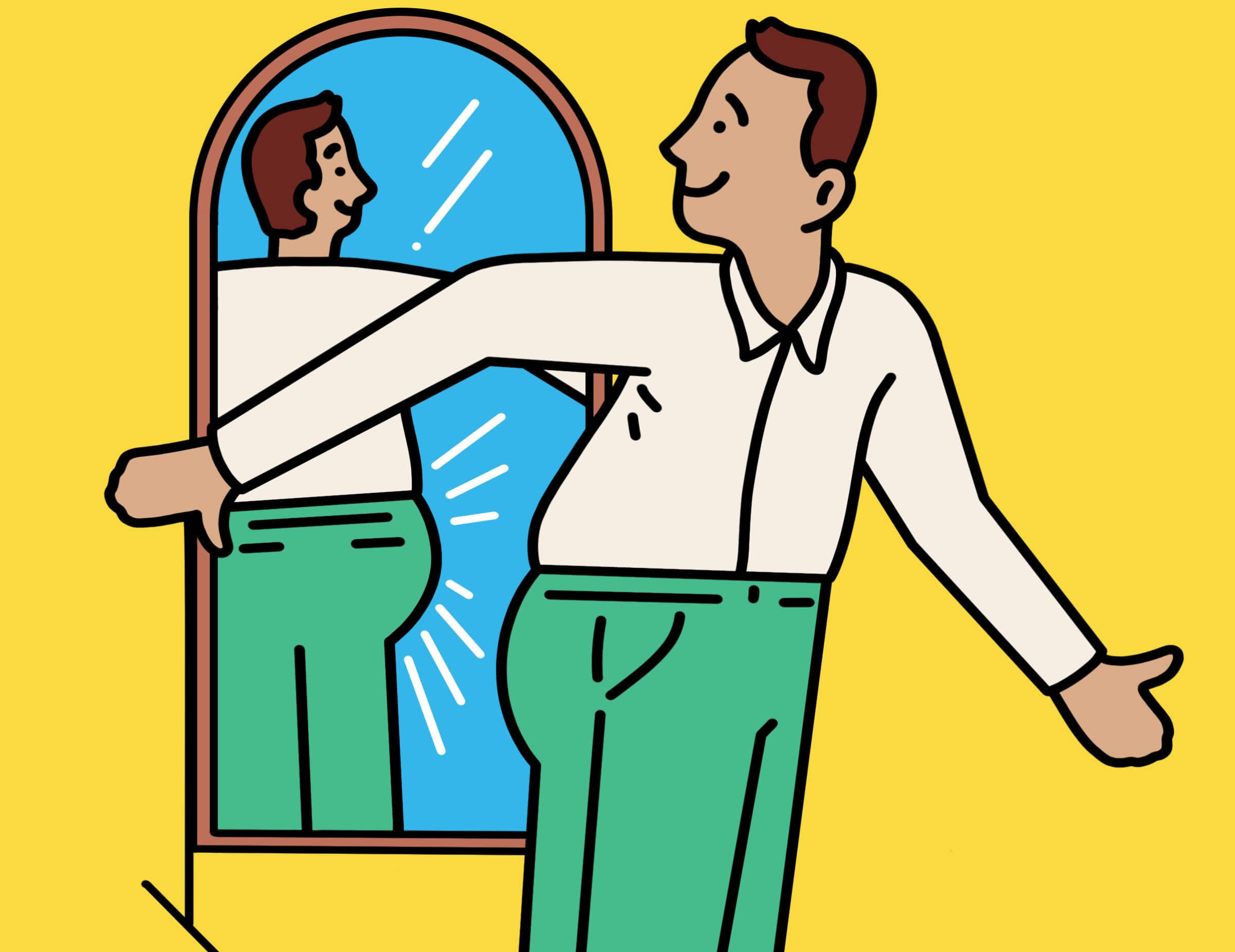 Illustration of a man look at this tush in the mirror