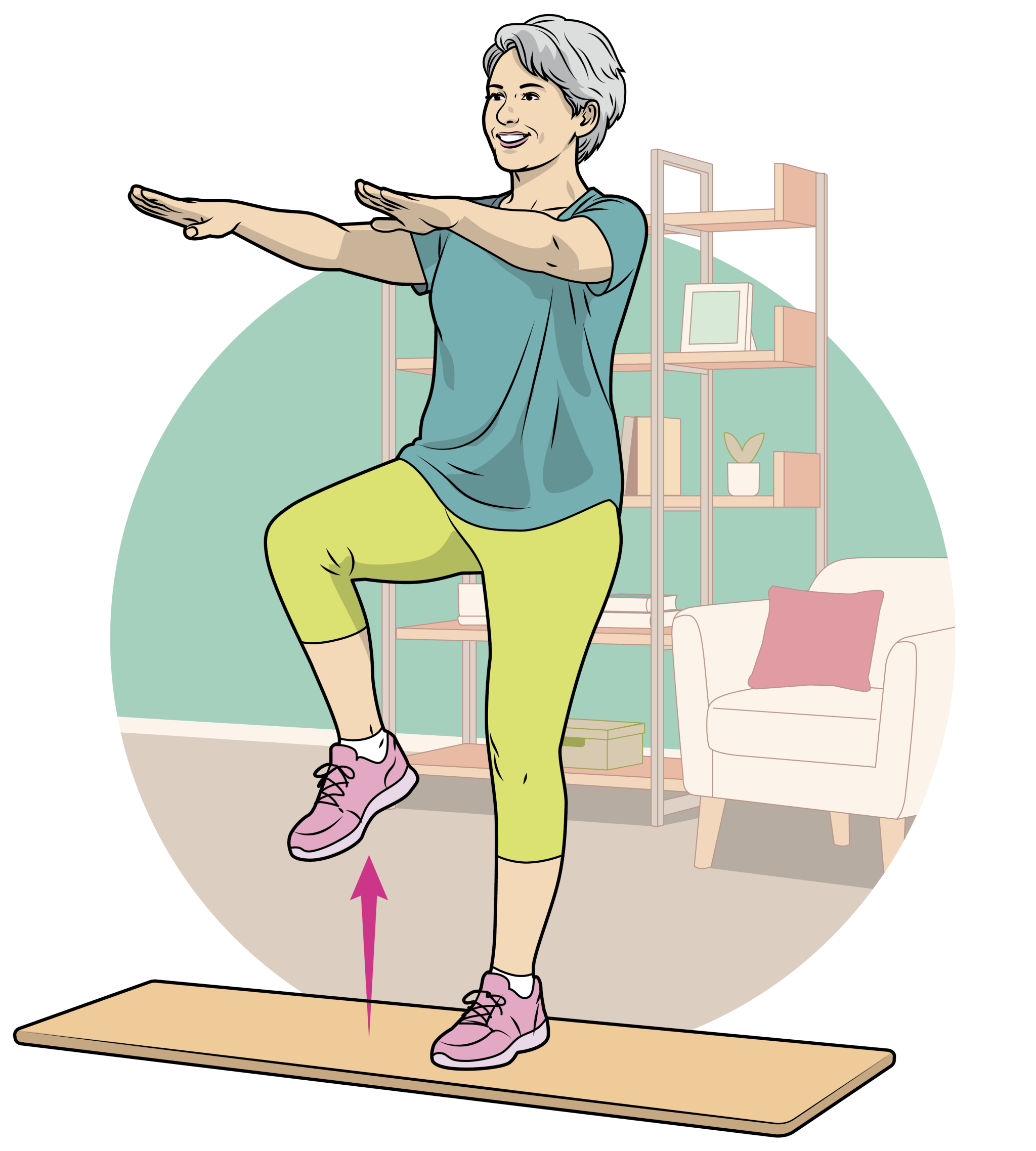 Illustration of a woman standing on a yoga mat and doing the standing march