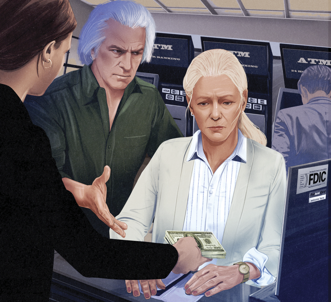 Illustration of them at the bank. The woman looks uncomfortable and is withdrawing money while the man stands behind her watching over her 