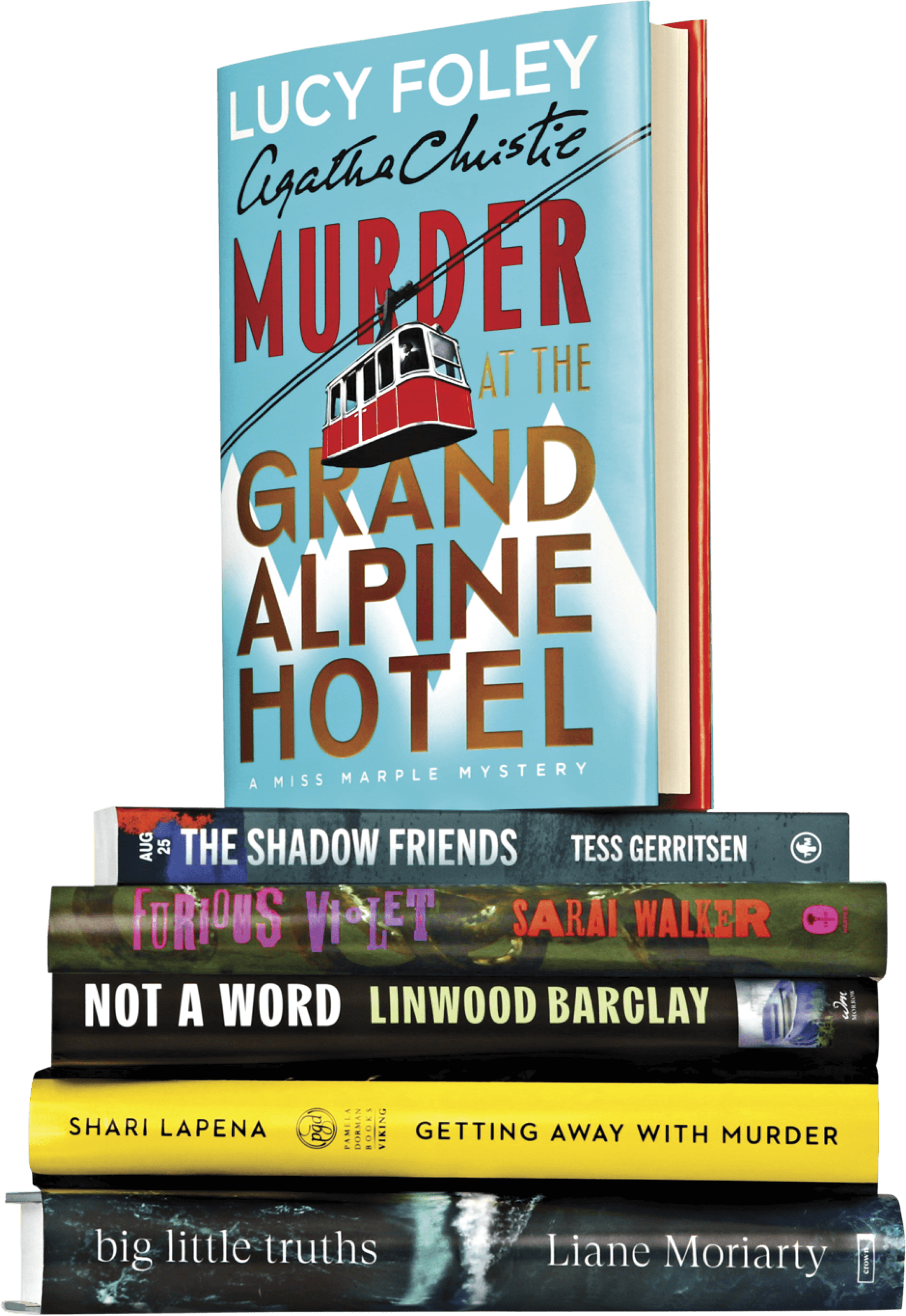Stack of the following books- Murder at the Grand Alpine Hotel, The Shadow Friends, Furious Violet, Not a Word, Getting Away With Murder and big little truths