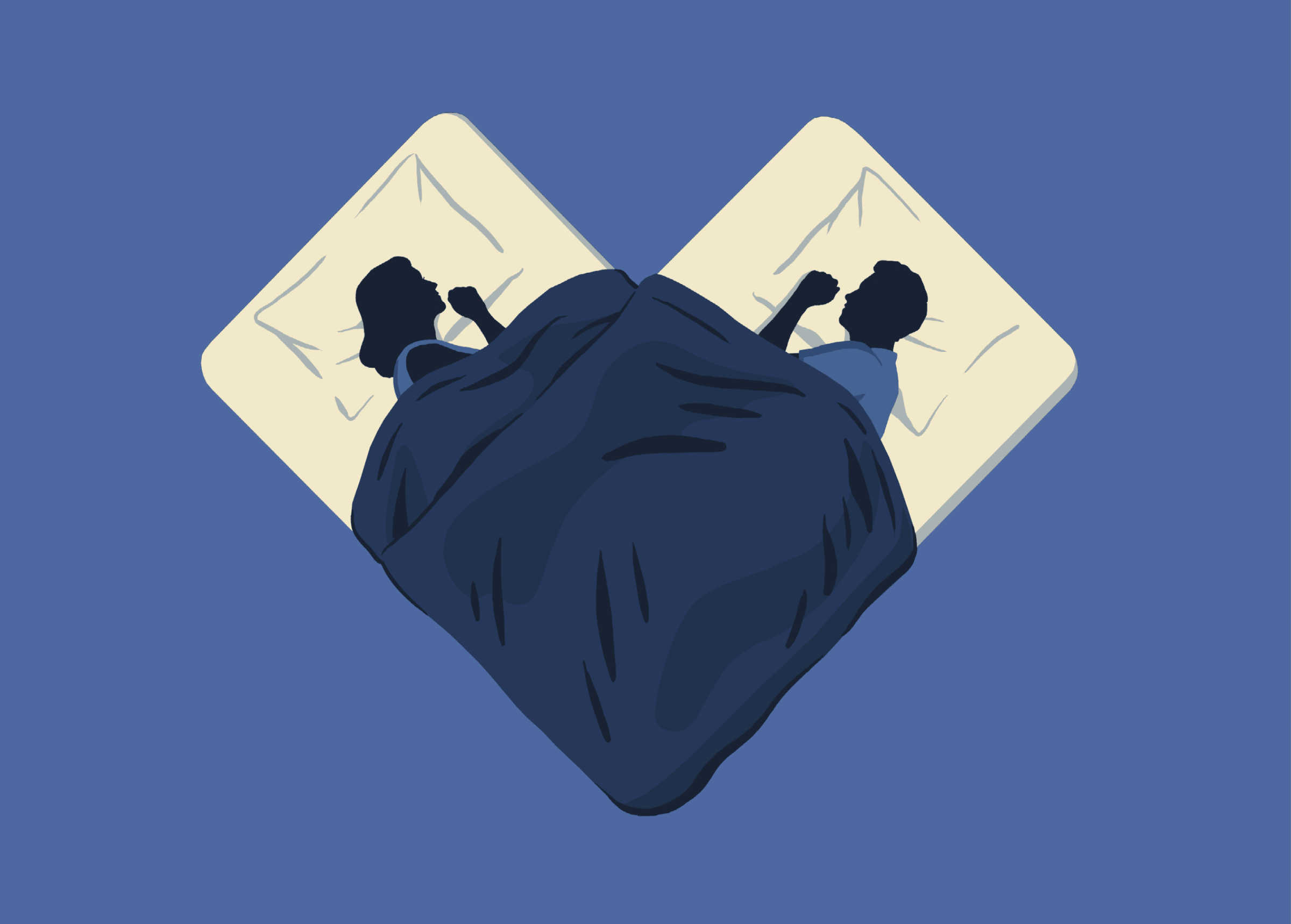 Illustration of 2 beds arranged to form a heart. A woman sleeps in one bed while a man sleeps in the other 