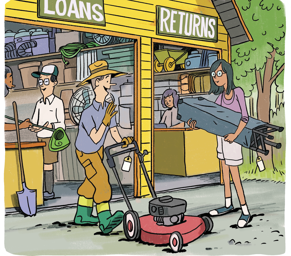 Illustration of people at a place where they can rent out heavy equipment and return them once they’re done using it