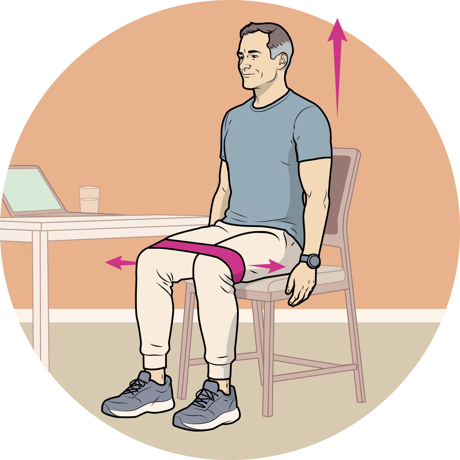 llustration of a man sitting on a chair and doing the sit-to-stand with band activations exercise