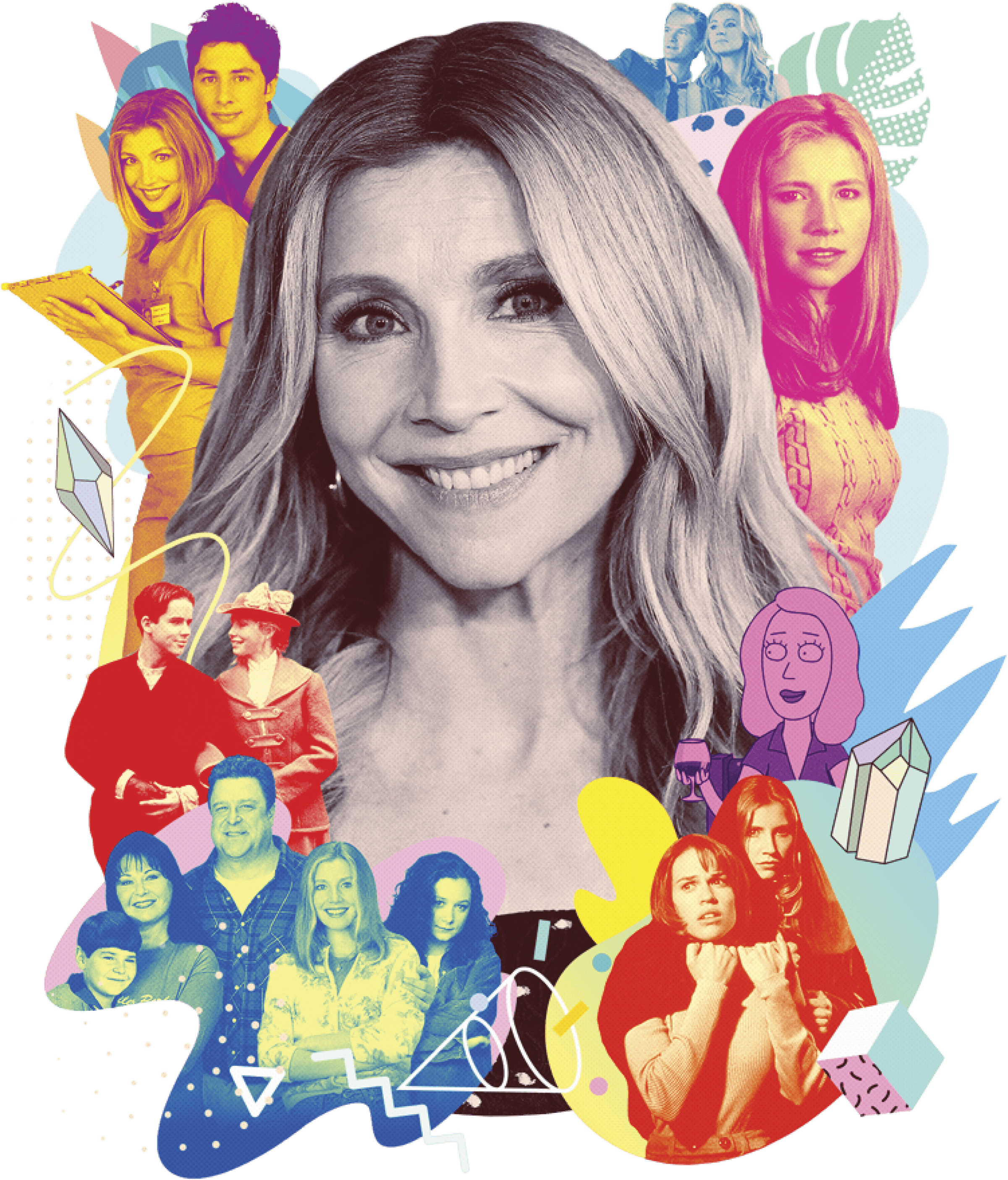 Photocollage of Sarah Chalke from different roles she’s played 