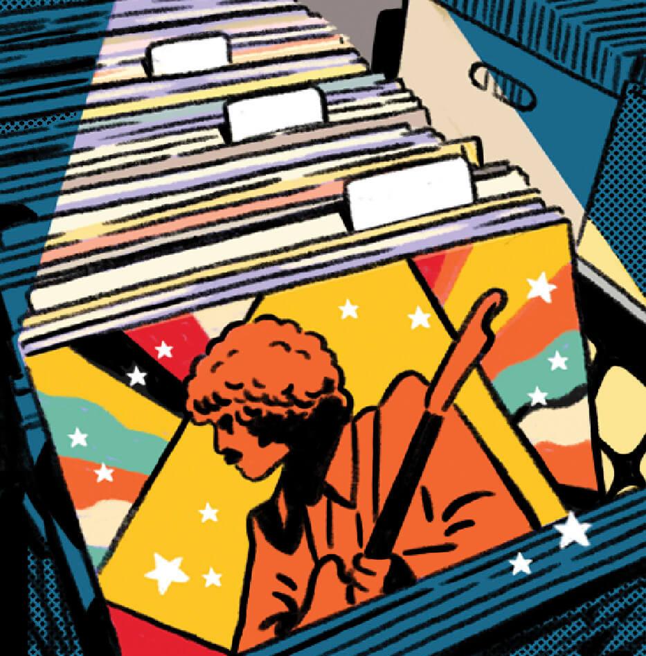 Illustration of several records, with one being under the spotlight