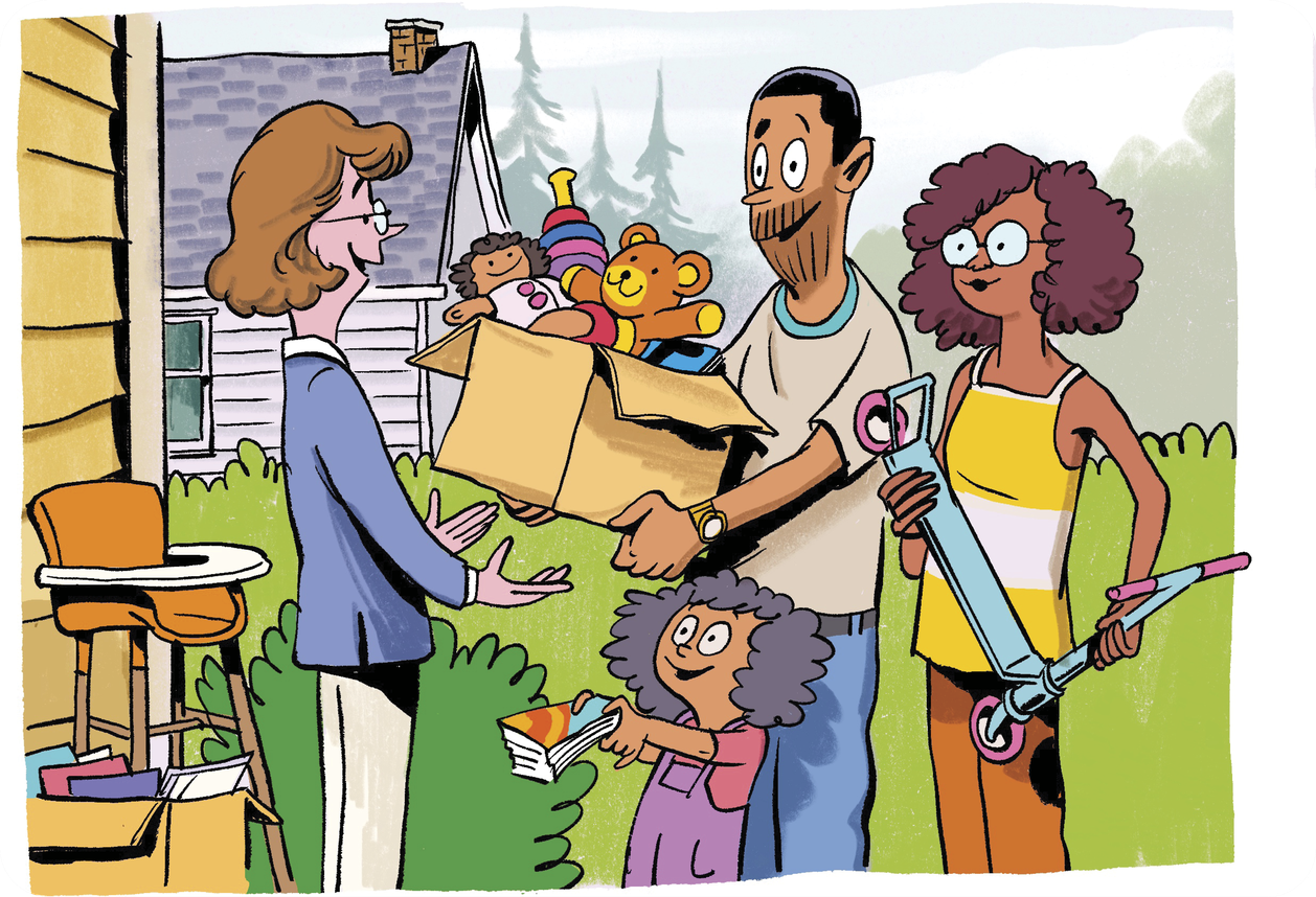 Illustration of a man standing with a woman and a girl holding a box full of toys. They are giving them away to another woman 
