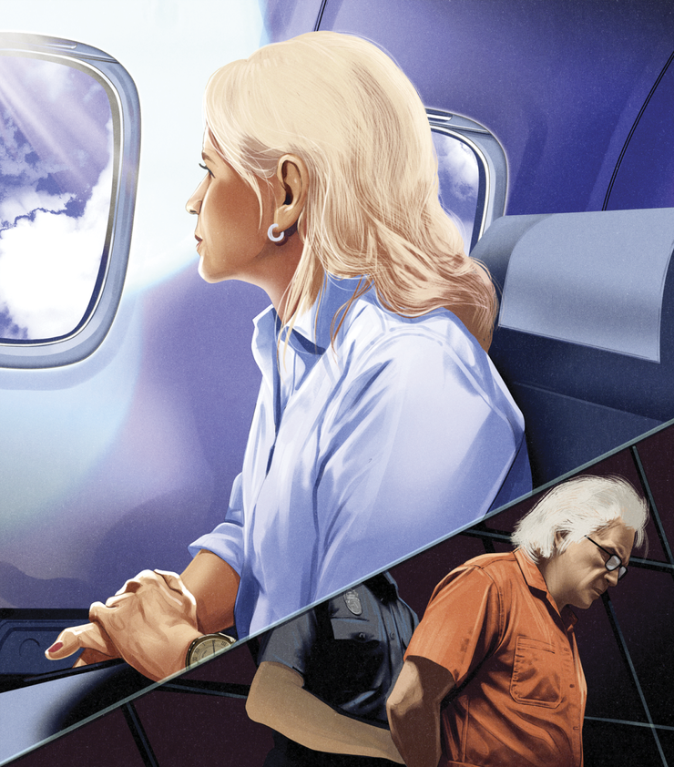 Illustration of the woman looking out of the plane window while the man is in jail