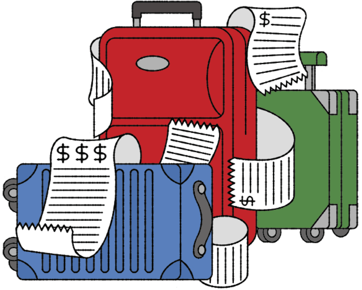 Illustration of 3 suitcases surrounded with receipts with dollar signs on it