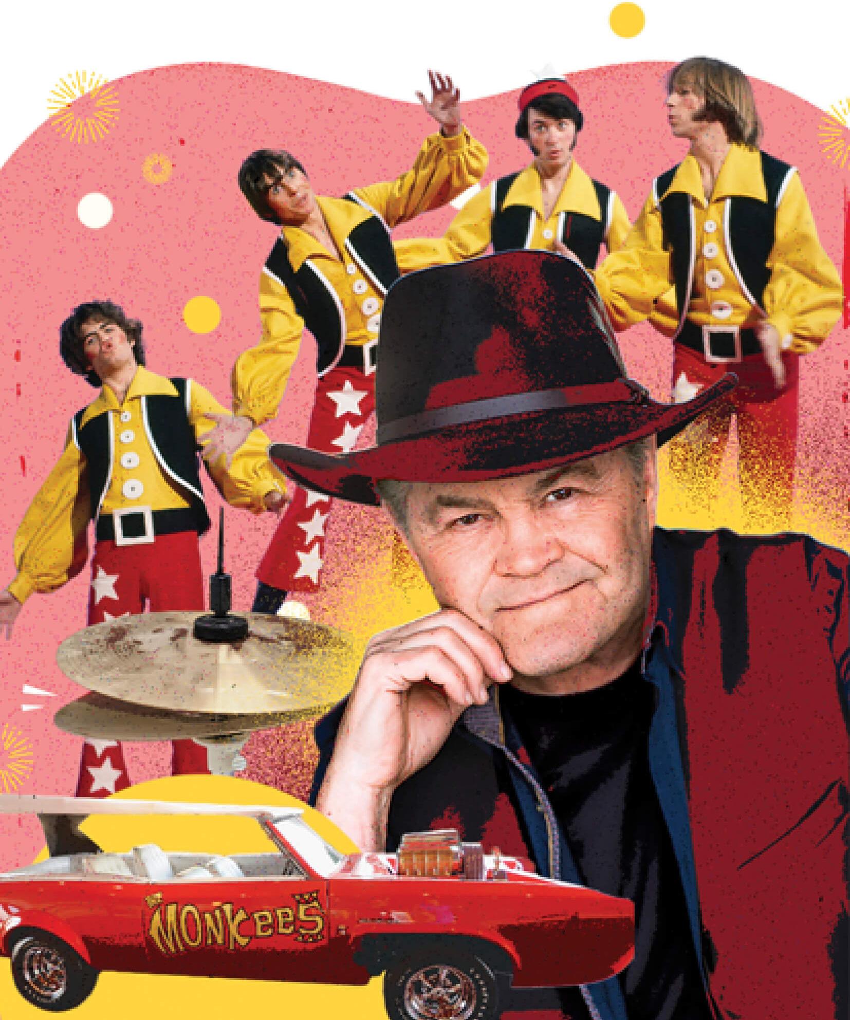 Photo collage with images of Mickey Dolenz right now and pictures of his band and the Monkees car