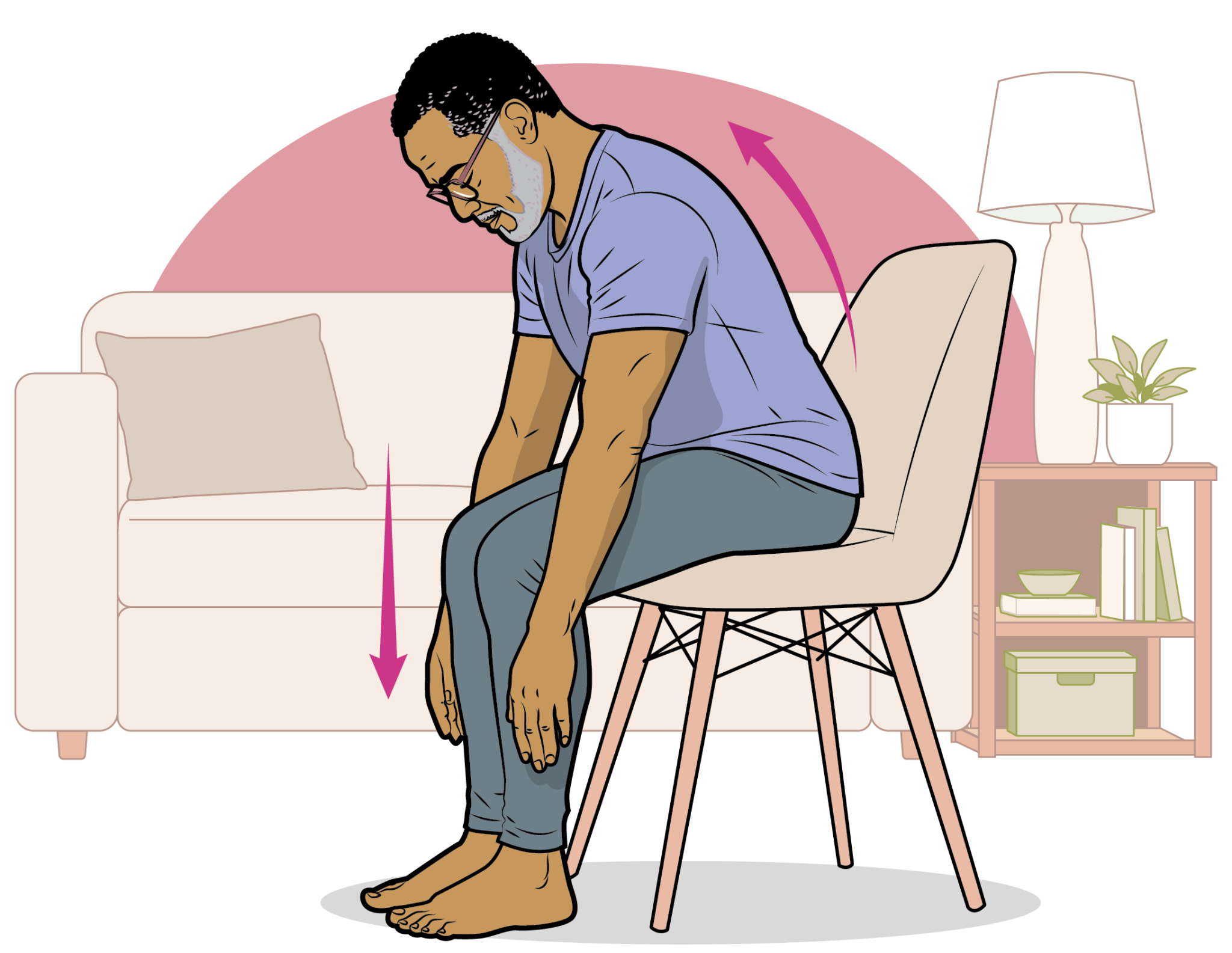 Illustration of a man sitting on a chair and looking down to stretch his spine 