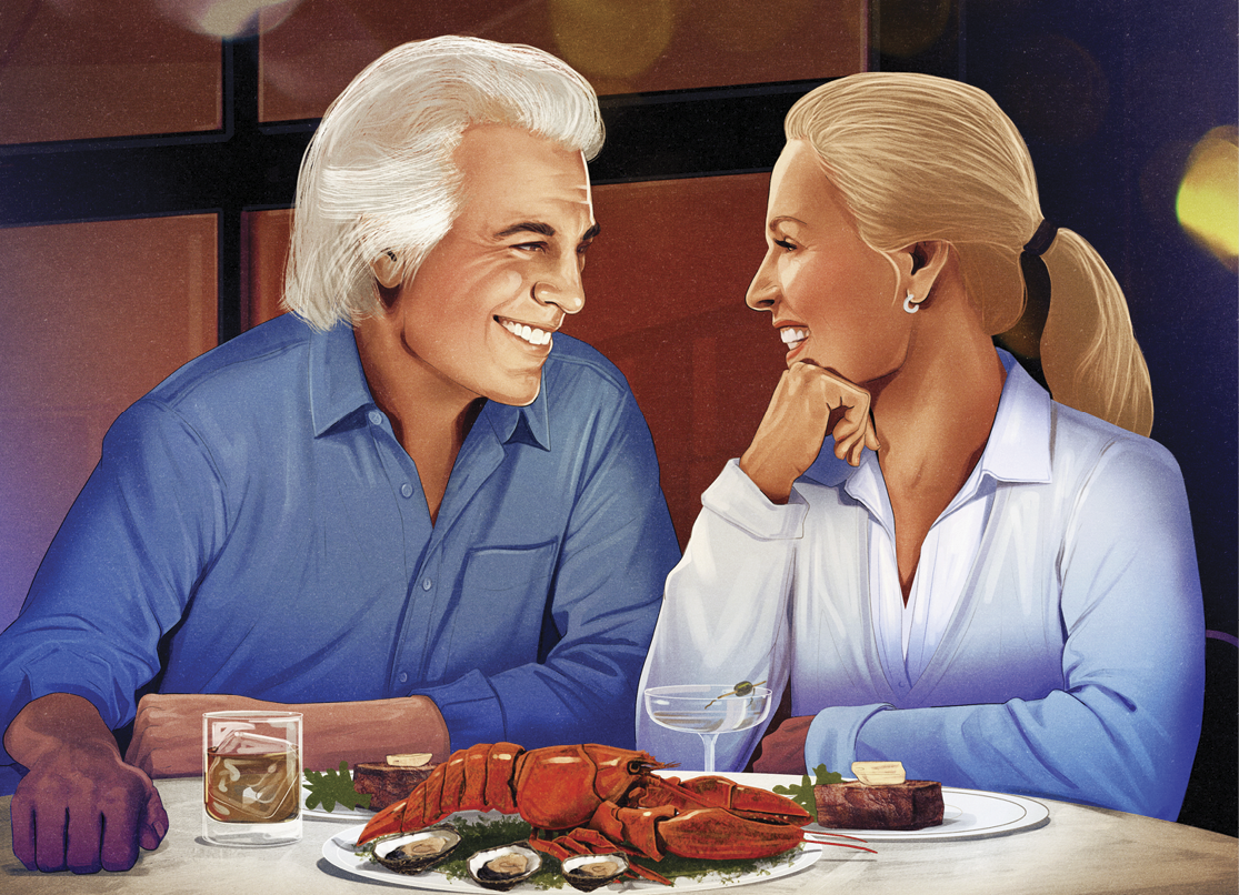 The same man and woman are sitting at a restaurant and enjoying a meal together 
