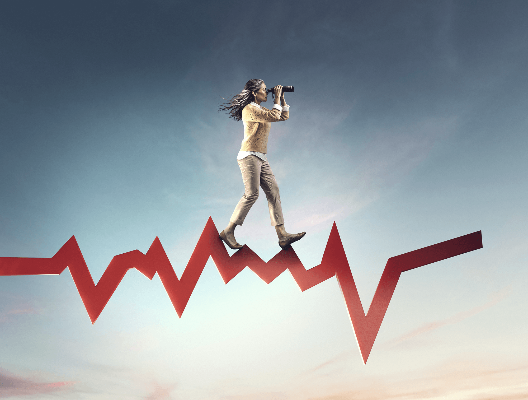 Photo collage of a woman walking on a graph and looking at what’s ahead of her with binoculars 
