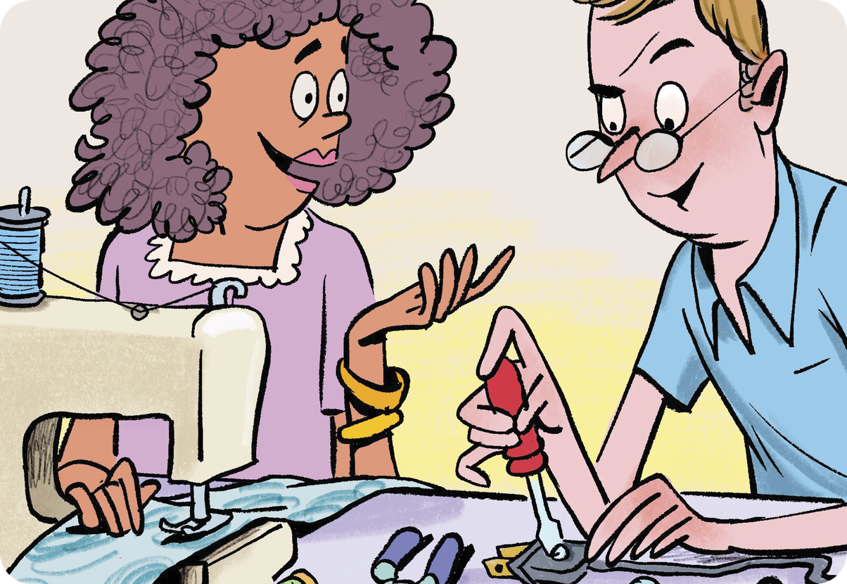 Illustration of a woman sewing something and chatting with a man who is fixing electronics 