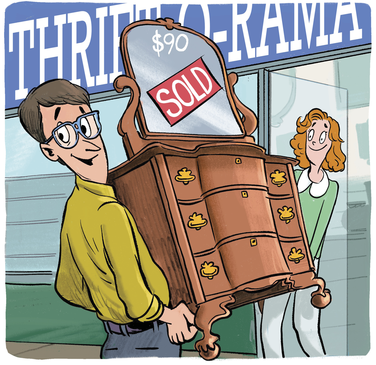 Illustration of a man and woman carrying a dresser with a $90 price tag on it and a sign that says sold.