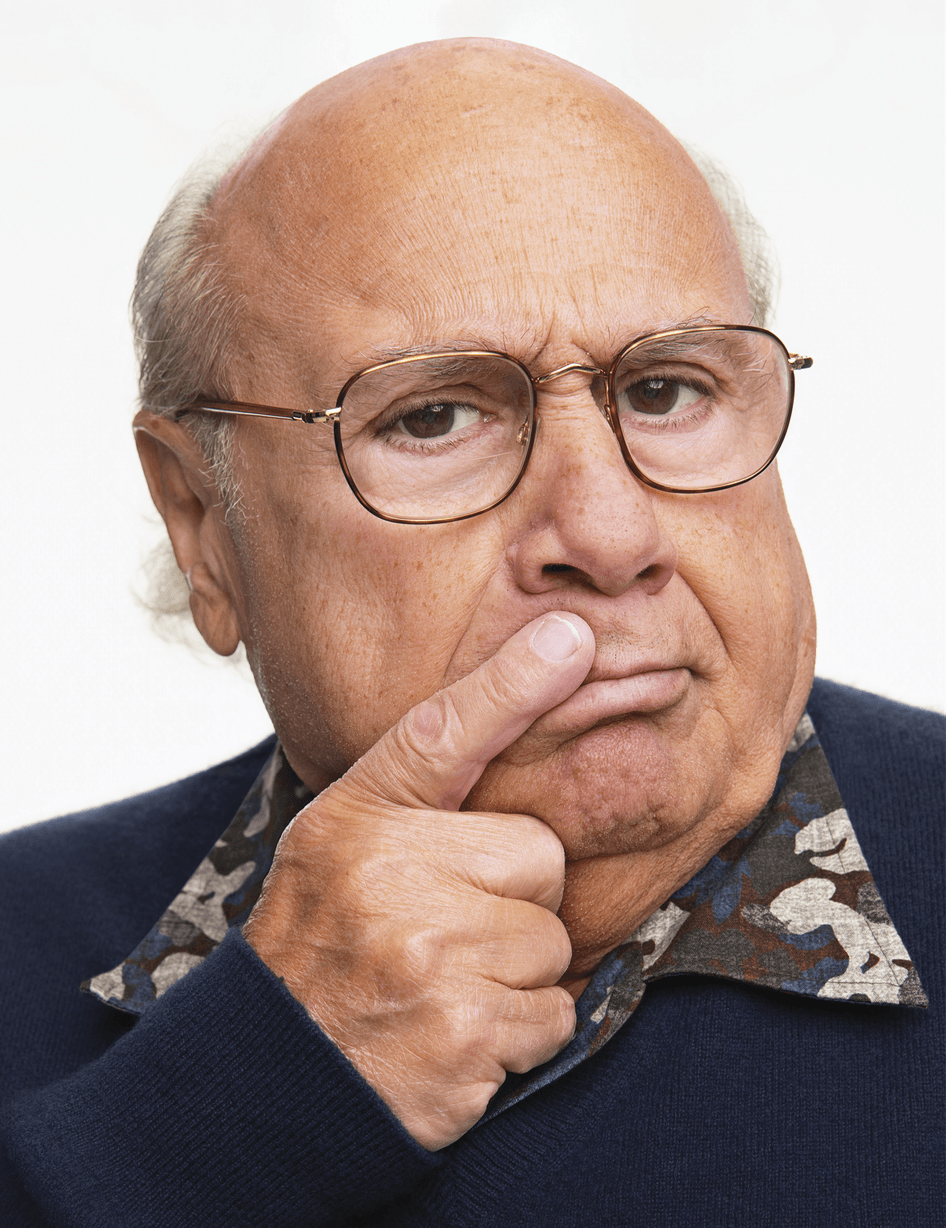 Danny DeVito wearing a navy-blue sweater and a printed shirt under it. He is looking at the camera inquisitively 