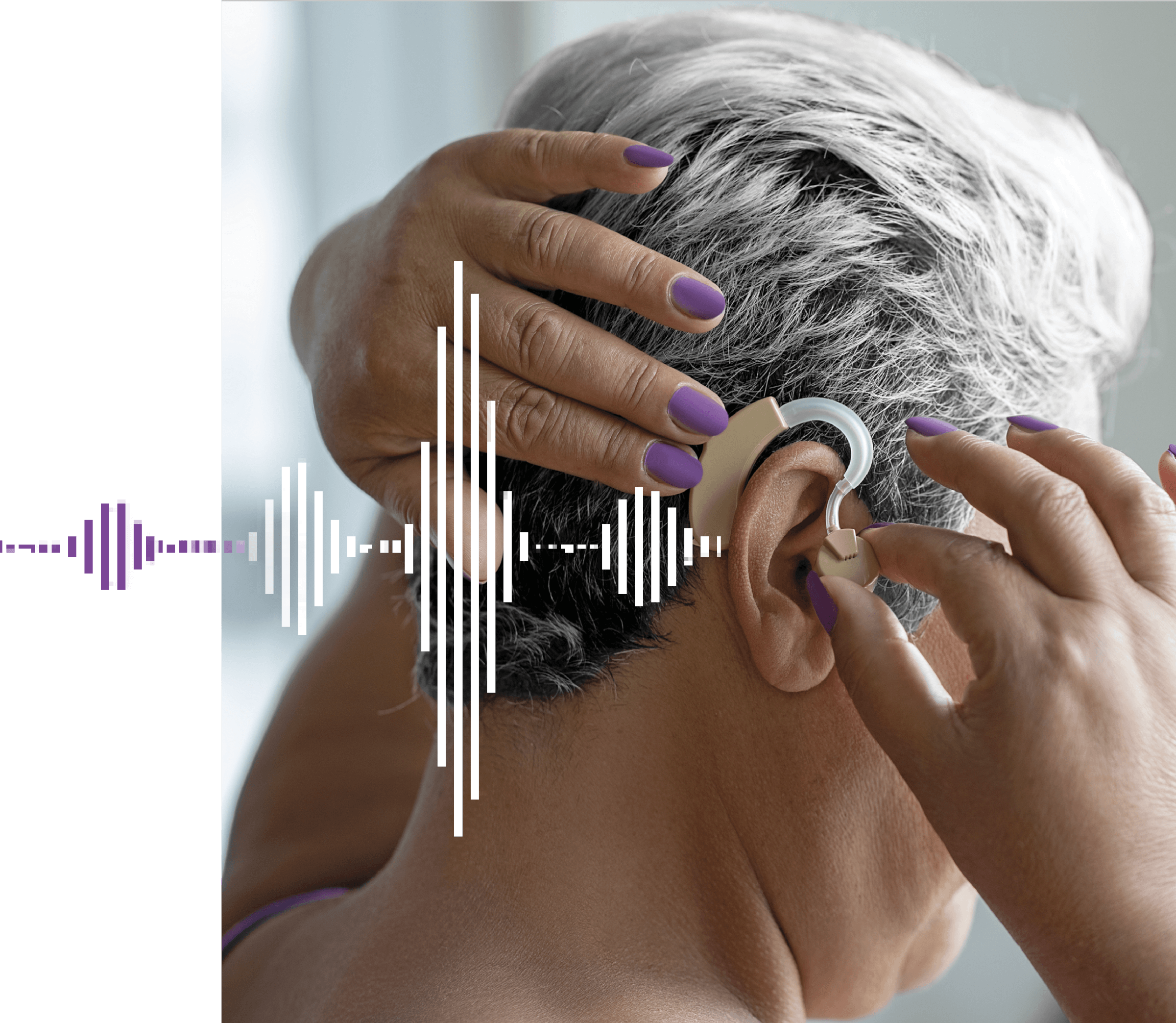 Image of an older woman wearing a hearing aide and music notes around her