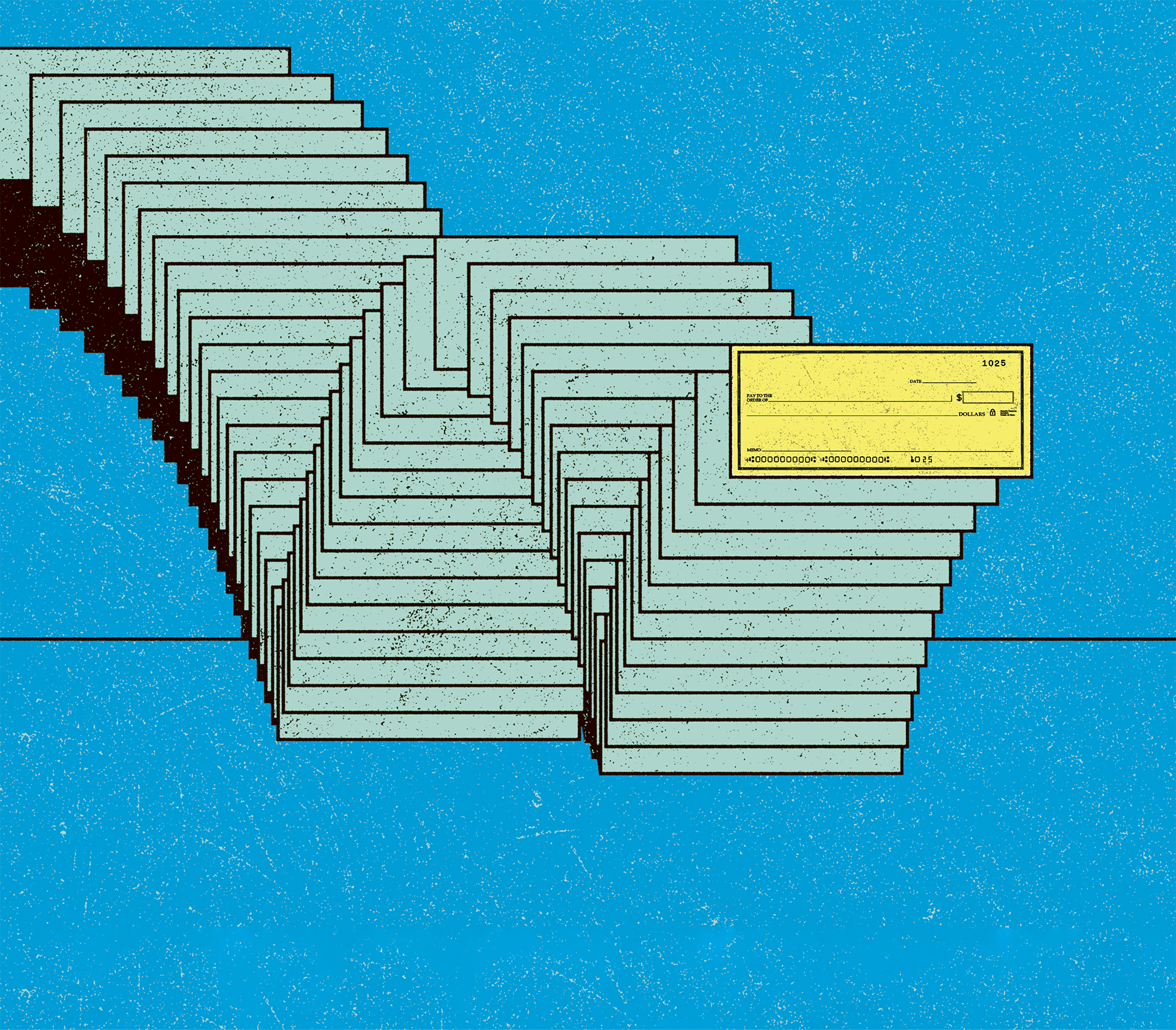 Illustration of a cheque with several cheques behind it 