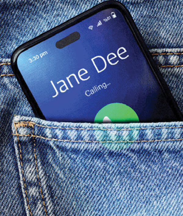 Photo illustration of someone’s back pocket with a phone in it. They are getting a call from someone named Jane Doe