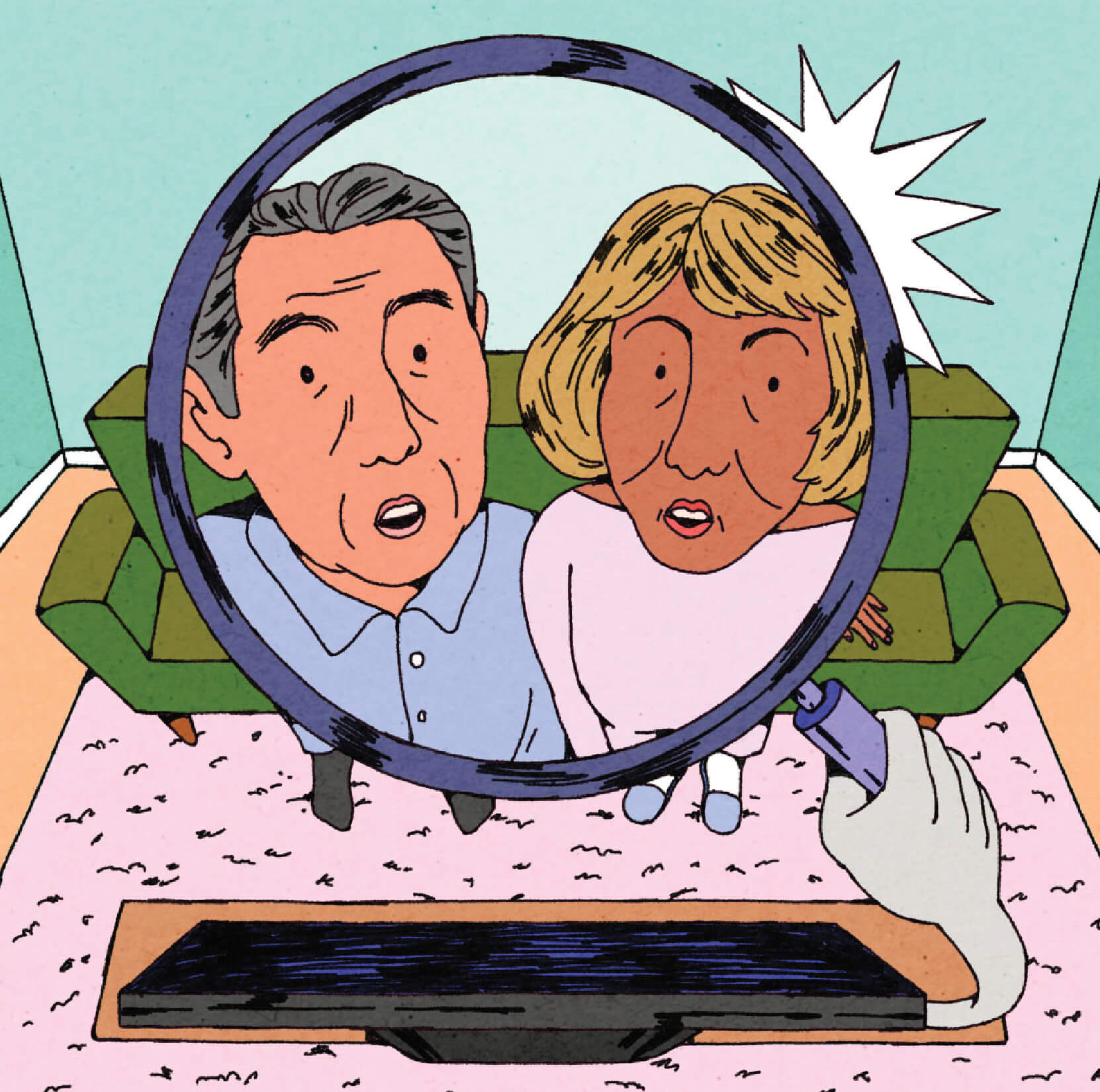 Illustration of a man and woman sitting on a green couch. They are being observed by a hand holding up a big magnifying glass 