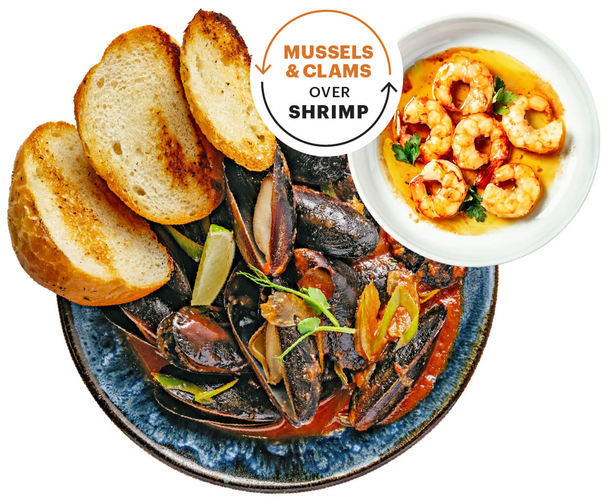 A plate of mussels and clams next to a plate of shrimp. A text bubble says, mussels and clams over shrimp 