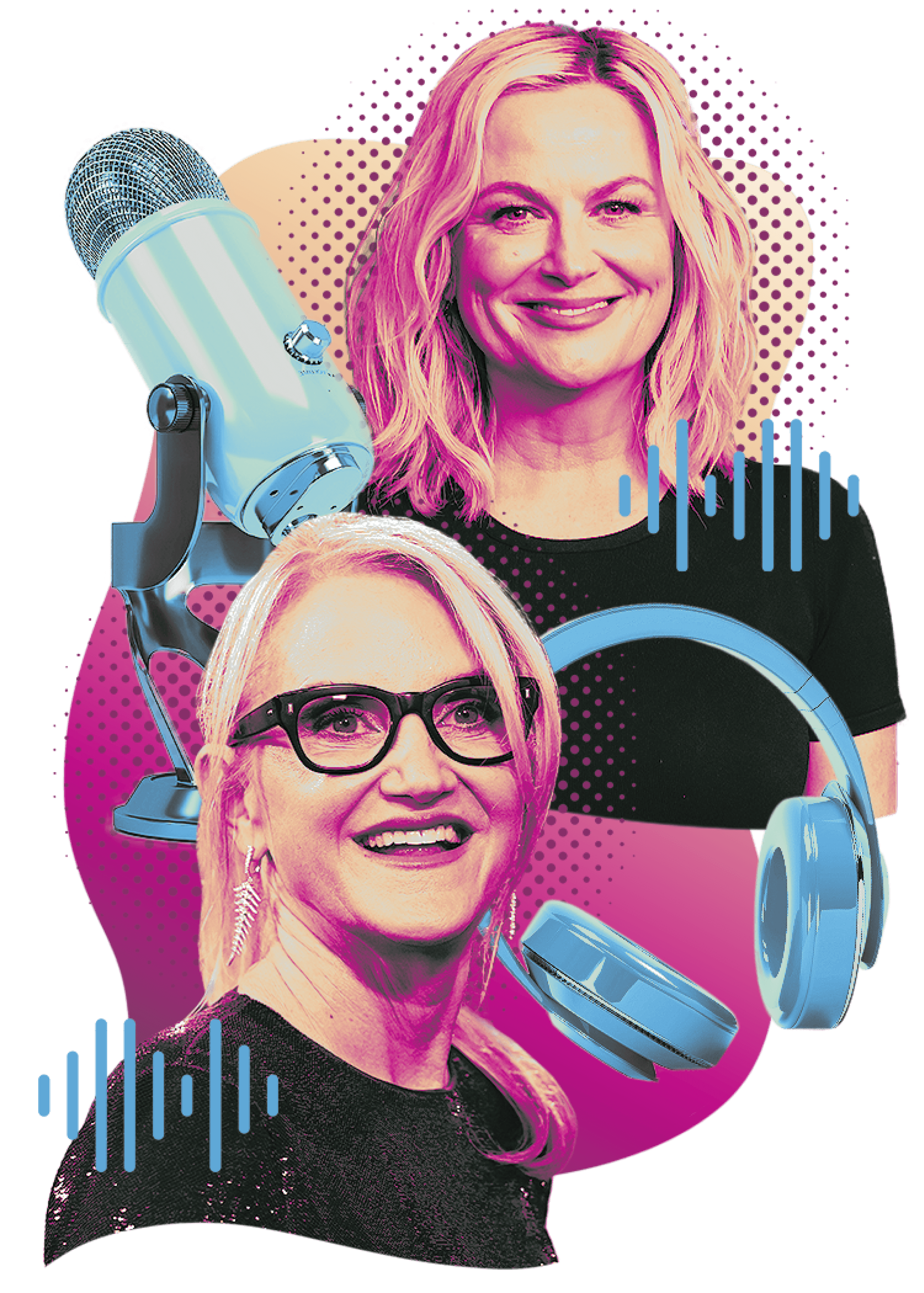 Collage of Amy Poehler and Mel Robbins. They are surrounded by headphones and a microphone 