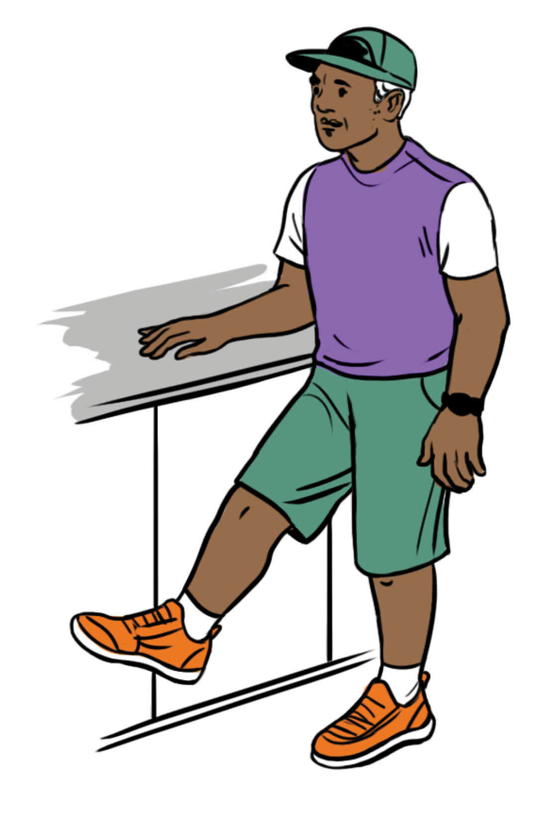 Illustration of a man doing hip-leg lifts while resting his arm on a counter