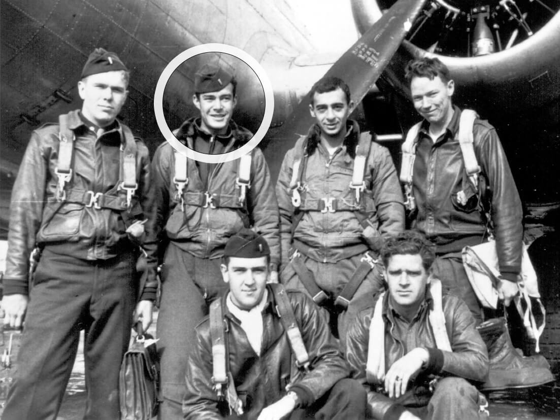 Photo of Captain Federico Gonzales with fellow airmen in front of their B-17 bomber airplane