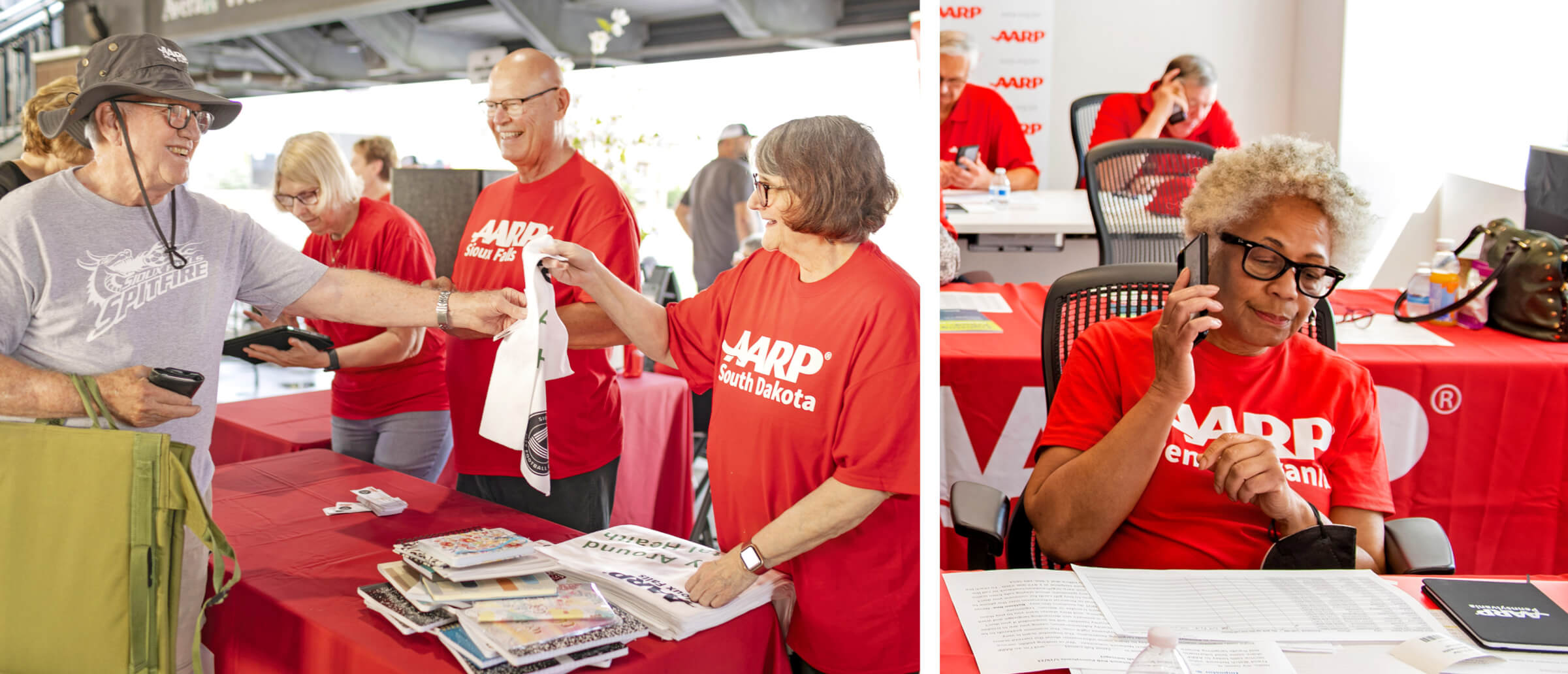 Side-by-side photos of AARP volunteers in South Dakota and Pennsylvania