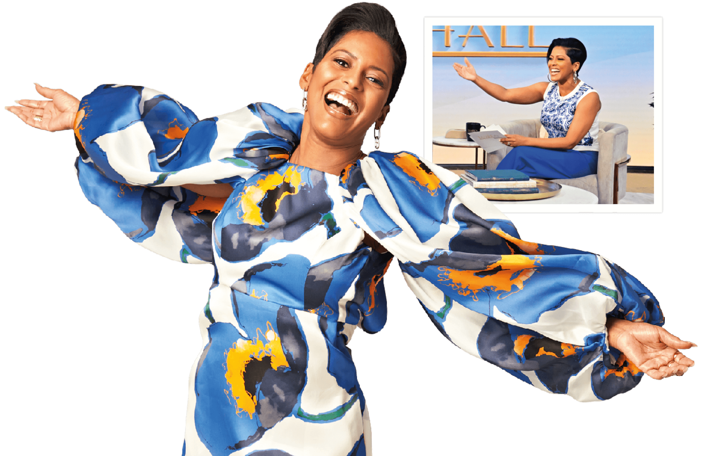 Photo of Tamron Hall with outstretched hands in a colorful dress with an inset photo of her on her talk show set