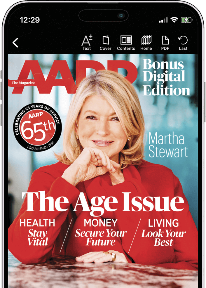 Photo of the cover of AARP The Magazine's Bonus Digital Edition on a smartphone screen, featuring Martha Stewart. The main headline says The Age Issue.