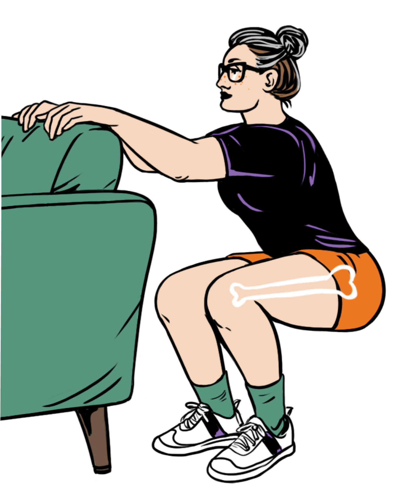 Illustration of a woman doing squats along the back of a couch