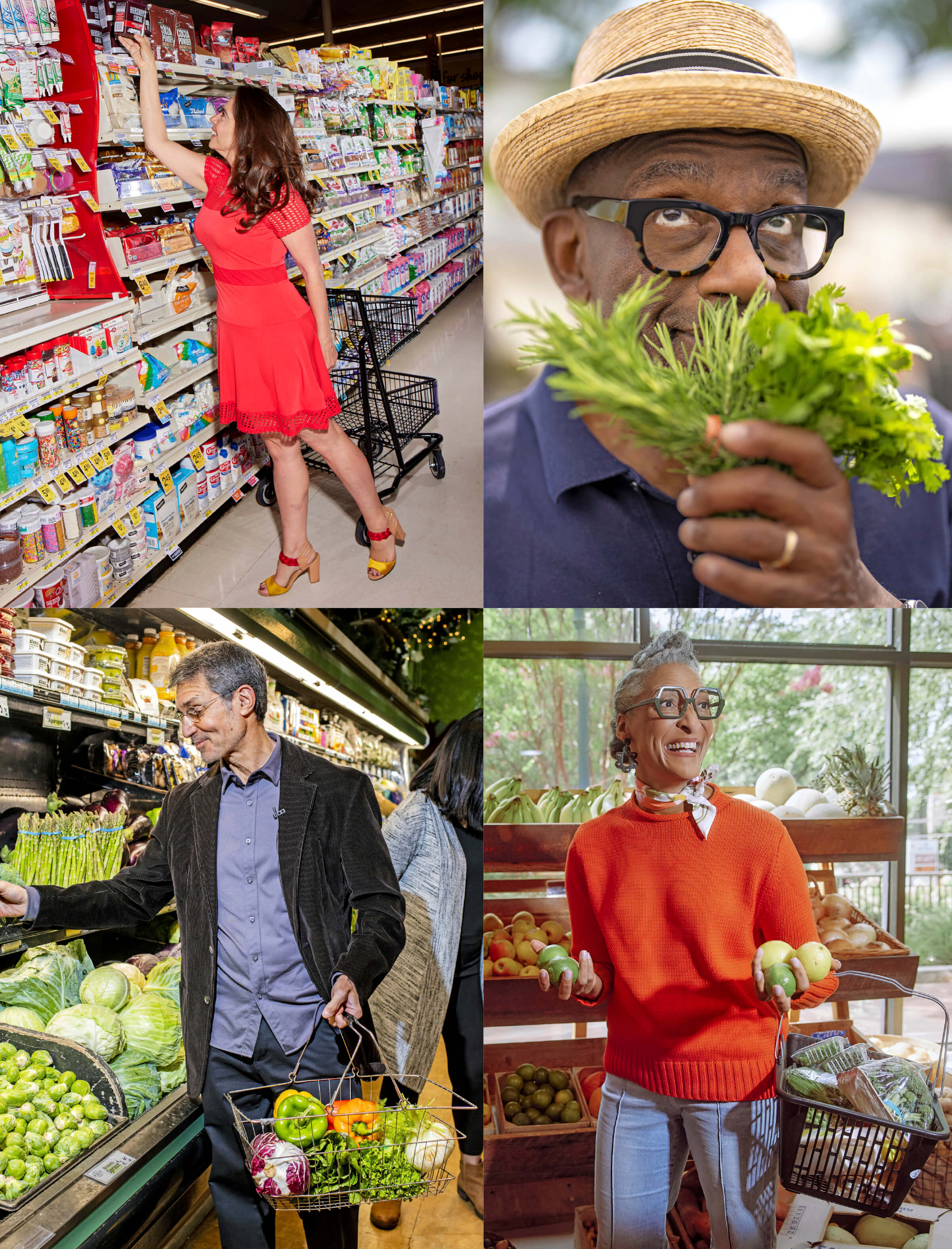 Grid of 4 celebrities as they shop for groceries and produce