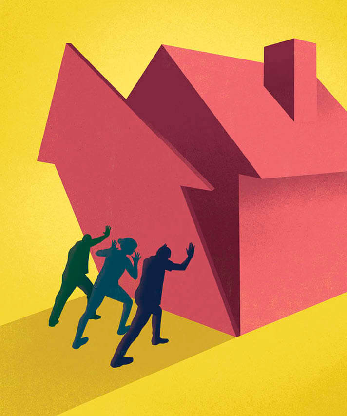 Illustration showing 3 people pushing the side wall of a red house up in place