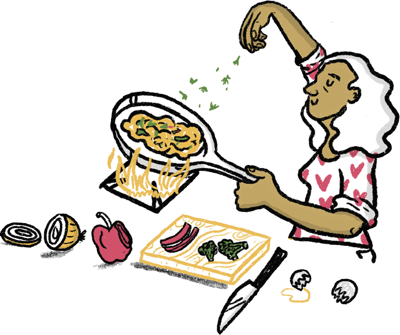 Illustration of a woman sprinkling some chopped wilted herbs on some scrambled eggs in a frying pan