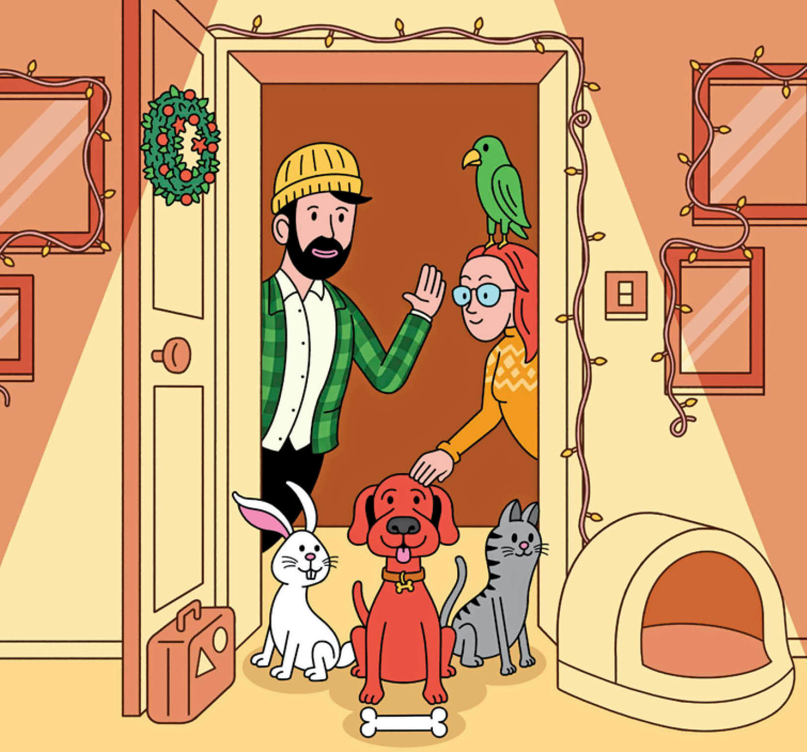 Humorous illustration of 2 grandparents standing at the door with their pet bird, rabbit, dog and cat