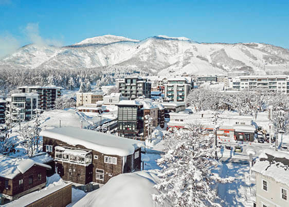 Aerial photo of a snow-covered mountain town