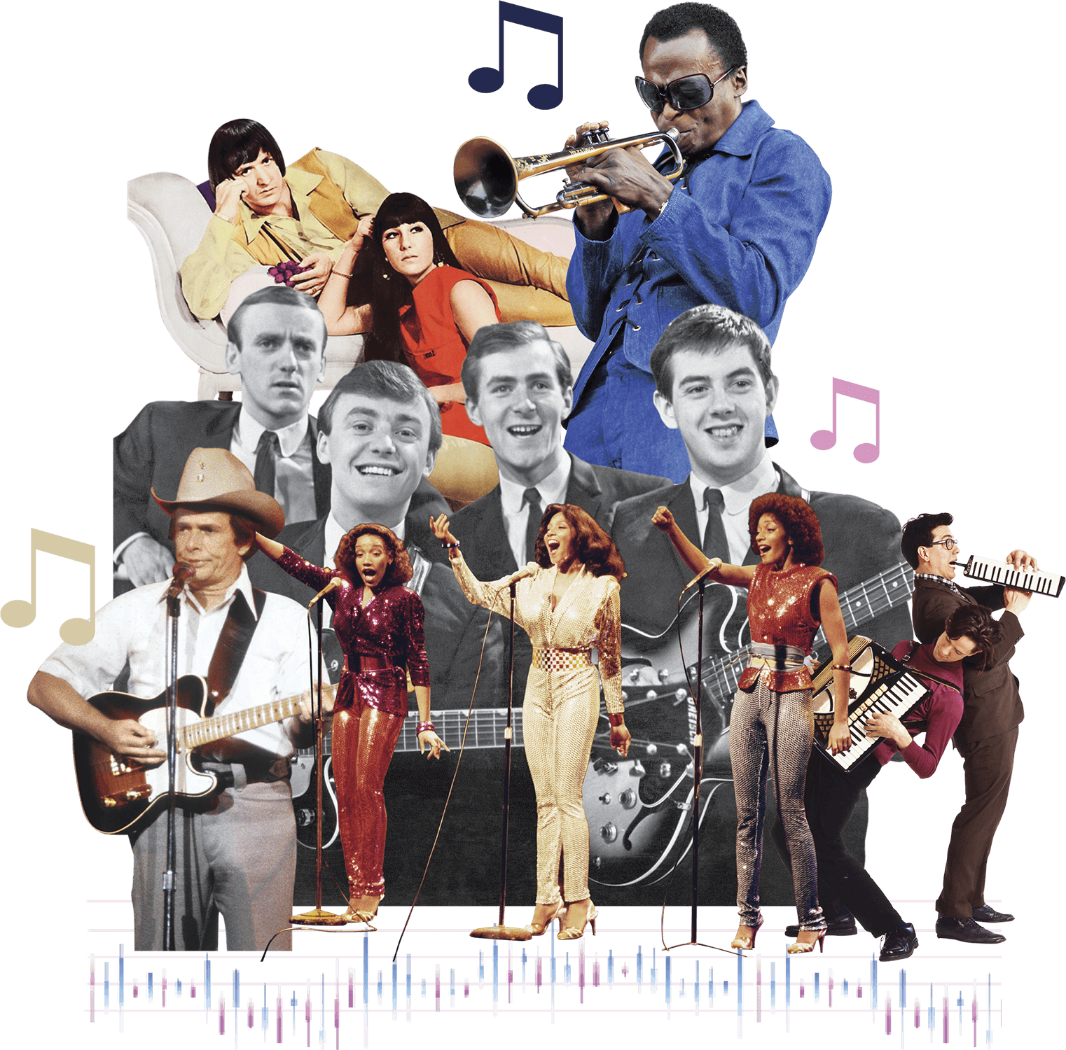 Photo collage of several memorable musical artists, such as Sonny and Cher, Miles Davis and Sister Sledge